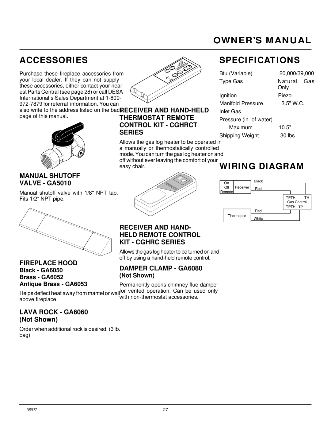 Desa CGD3924NRA, CGB3924NRA, CGB3930NRA installation manual Accessories, Specifications, Wiring Diagram 