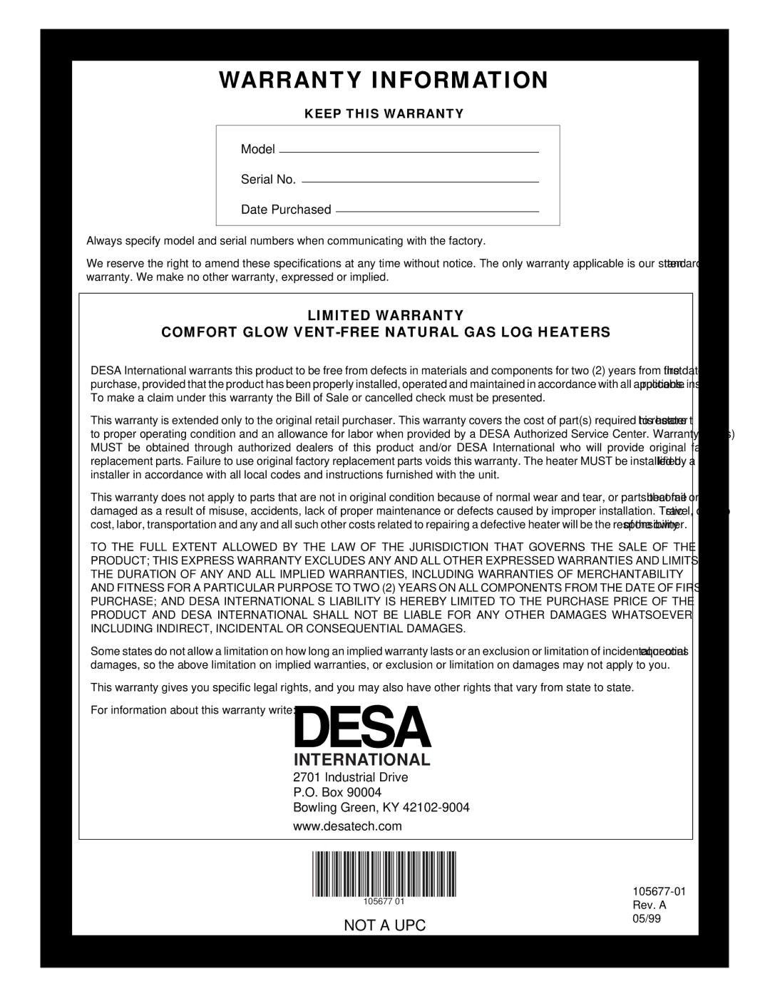 Desa CGB3924NRA, CGD3924NRA, CGB3930NRA installation manual Warranty Information 