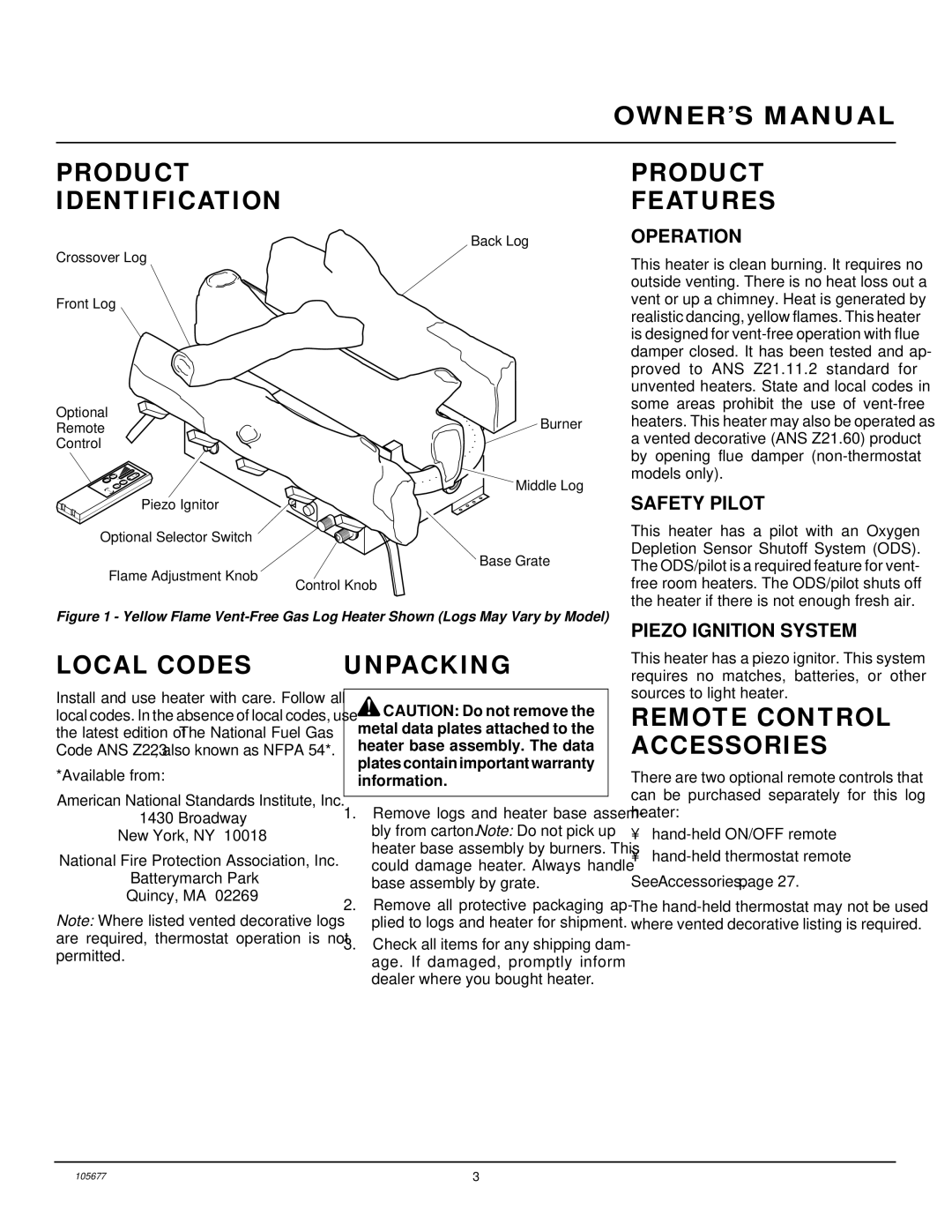 Desa CGD3924NRA, CGB3924NRA Product Identification, Product Features, Local Codes, Unpacking, Remote Control Accessories 