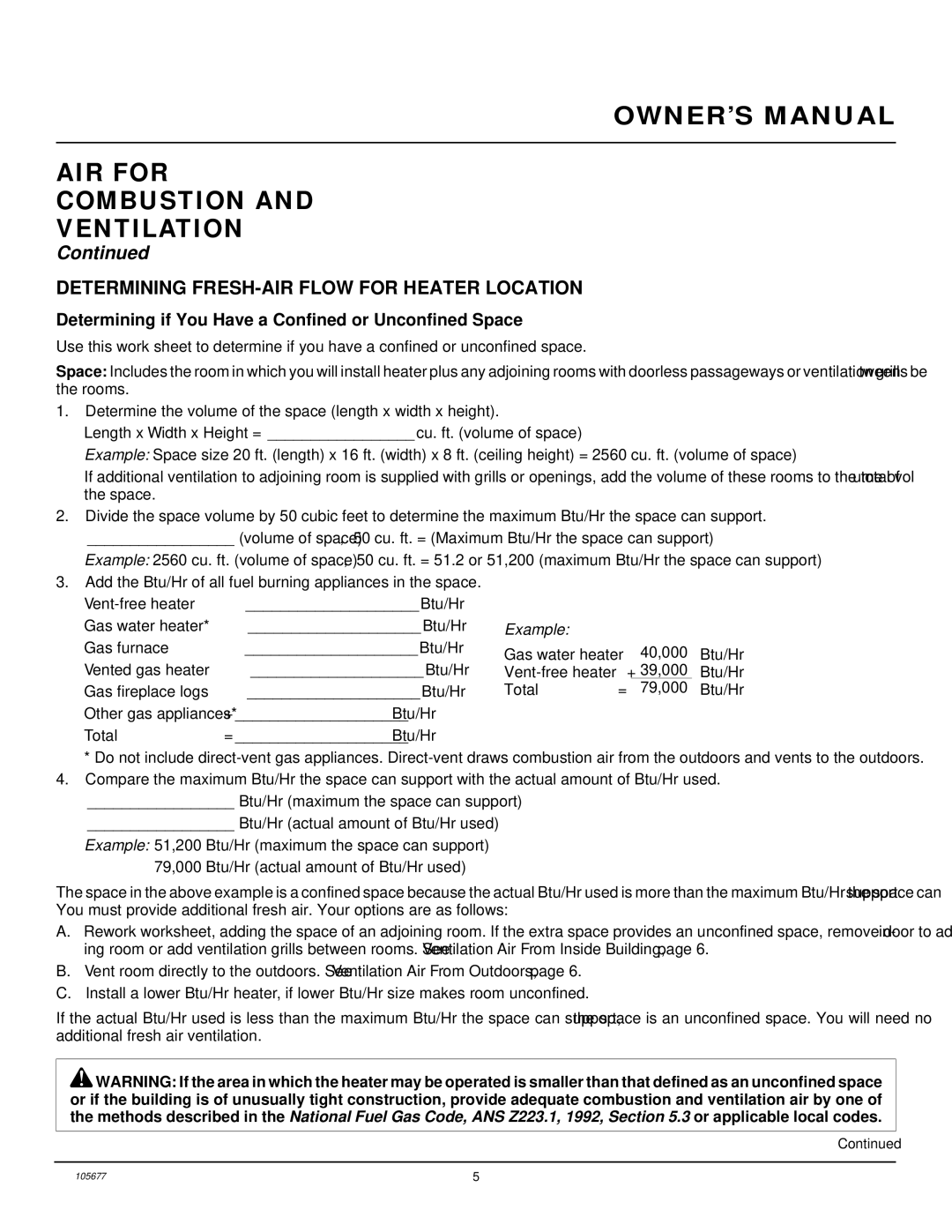 Desa CGB3930NRA, CGD3924NRA, CGB3924NRA AIR for Combustion Ventilation, Determining FRESH-AIR Flow for Heater Location 