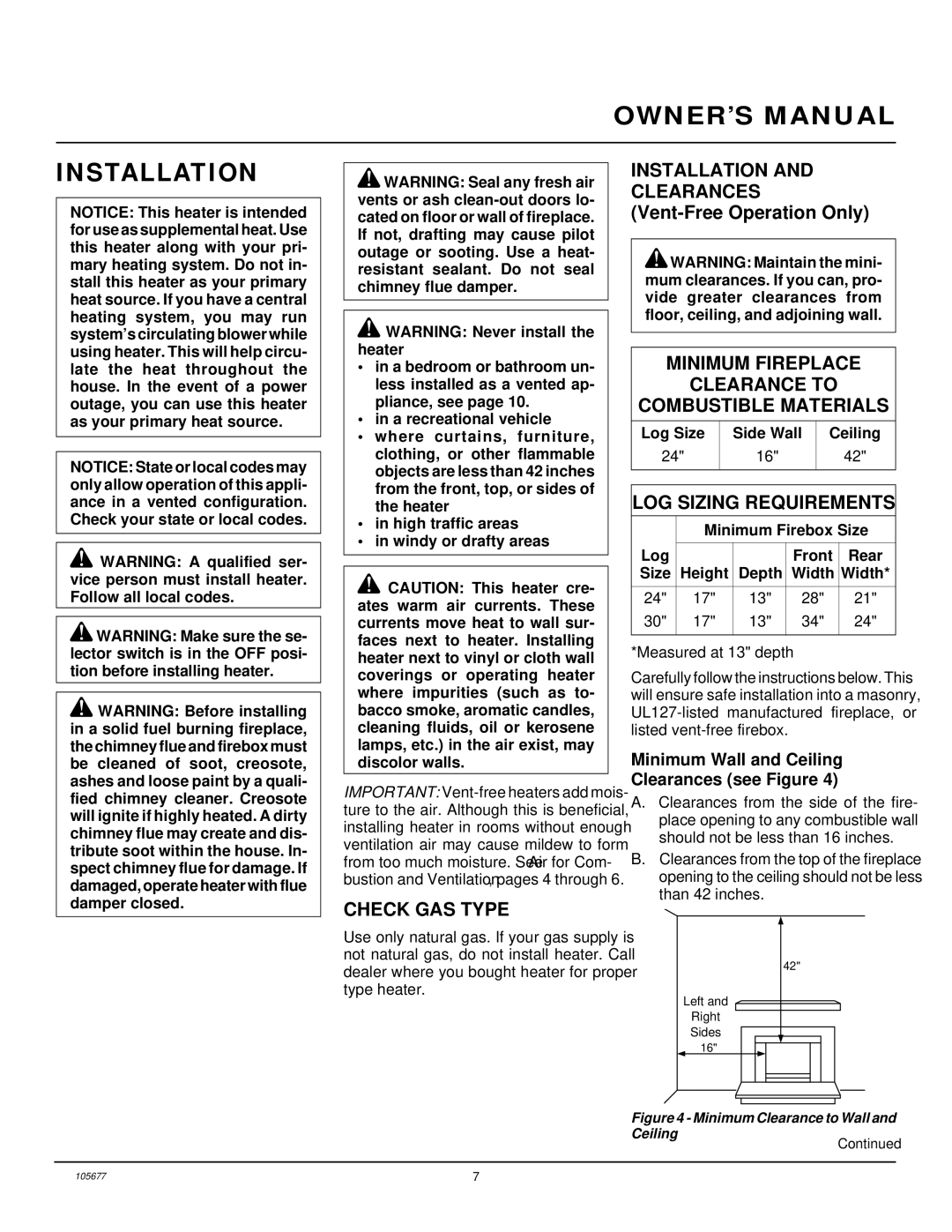 Desa CGB3924NRA, CGD3924NRA, CGB3930NRA Installation, Check GAS Type, Minimum Fireplace Clearance to Combustible Materials 