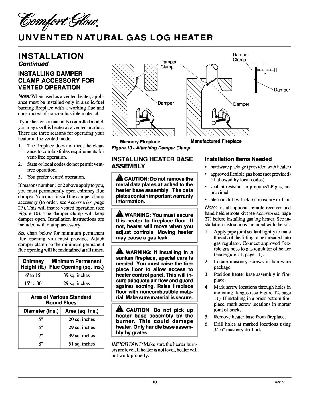 Desa CGB3924NRA, CGD3924NRA Installing Heater Base Assembly, Unvented Natural Gas Log Heater, Installation, Continued 