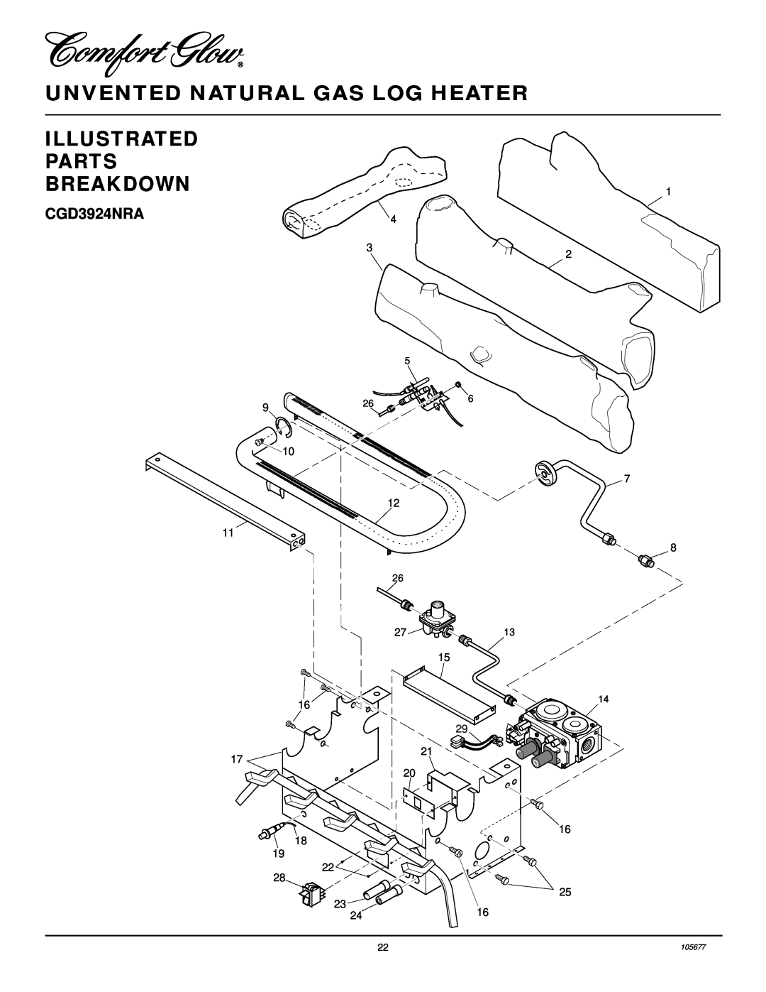Desa CGB3924NRA, CGB3930NRA installation manual Illustrated Parts Breakdown, CGD3924NRA, Unvented Natural Gas Log Heater 