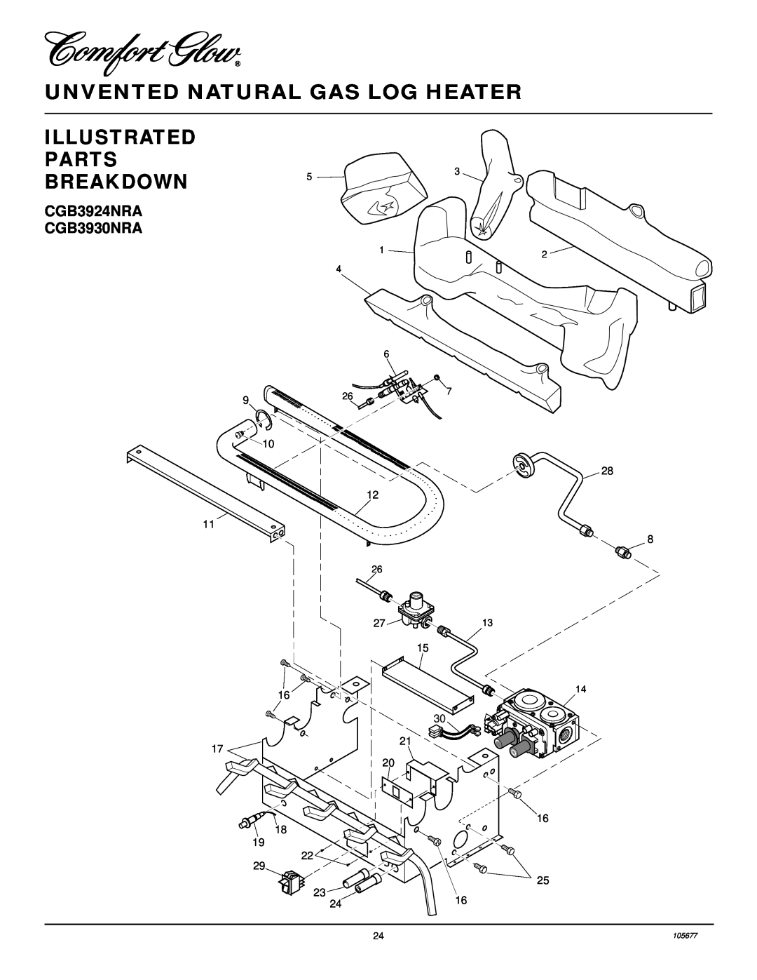 Desa CGD3924NRA installation manual Unvented Natural Gas Log Heater Illustrated Parts, Breakdown, CGB3924NRA CGB3930NRA 