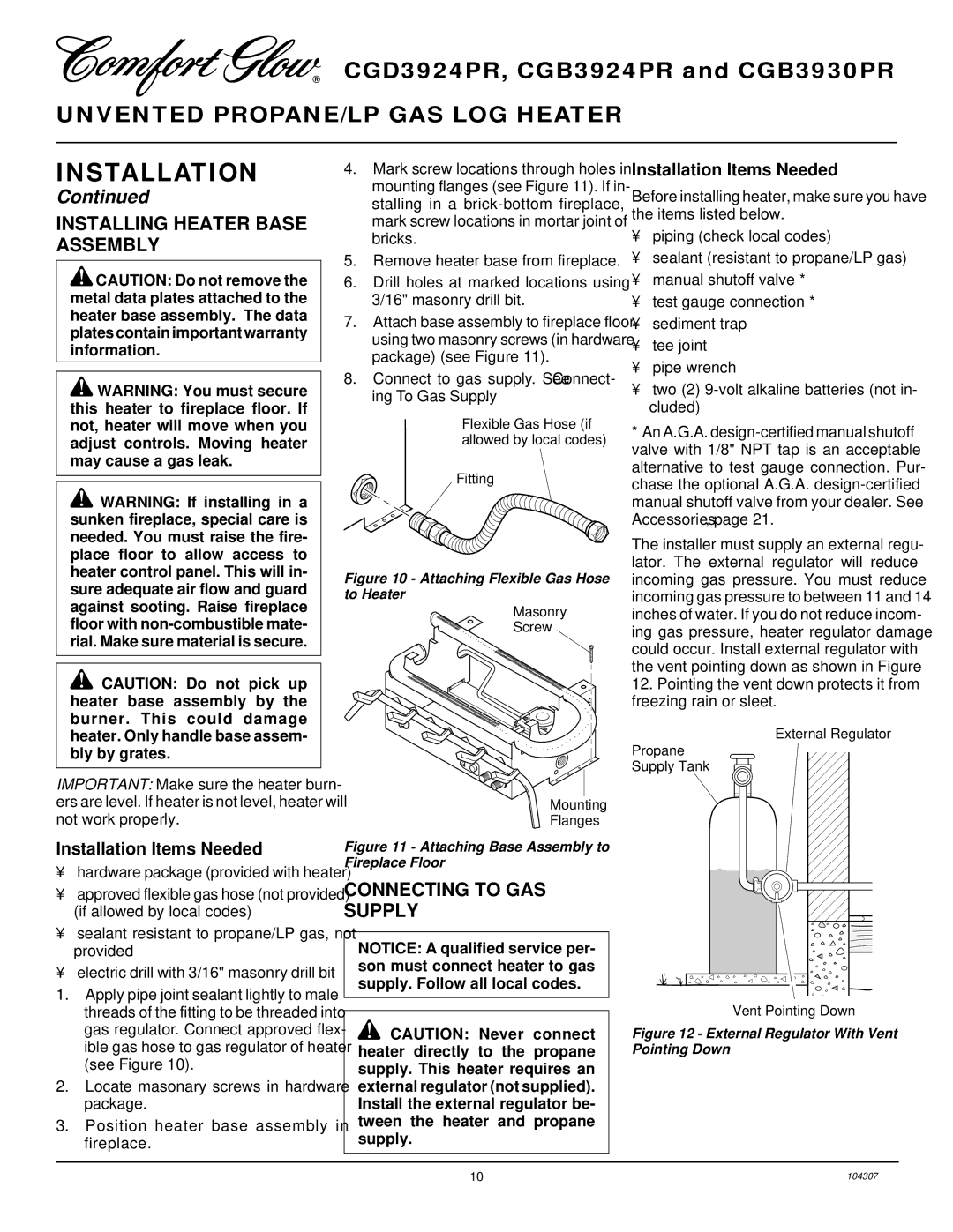 Desa CGB3924PR, CGD3924PR, CGB3930PR Installing Heater Base Assembly, Connecting to GAS Supply, Installation Items Needed 