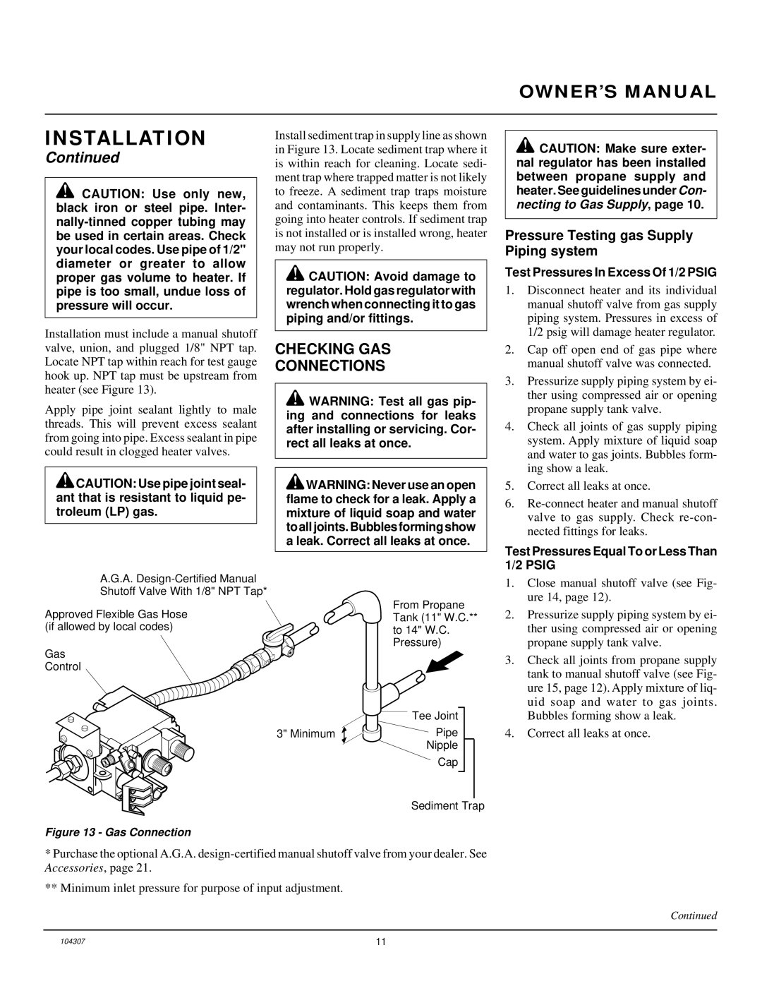 Desa CGB3930PR, CGD3924PR, CGB3924PR installation manual Checking GAS Connections, Pressure Testing gas Supply Piping system 