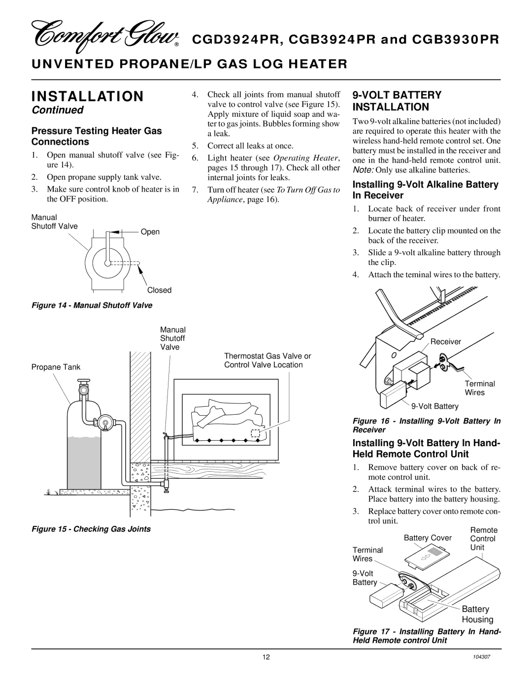 Desa CGD3924PR, CGB3924PR, CGB3930PR installation manual Volt Battery Installation, Pressure Testing Heater Gas Connections 