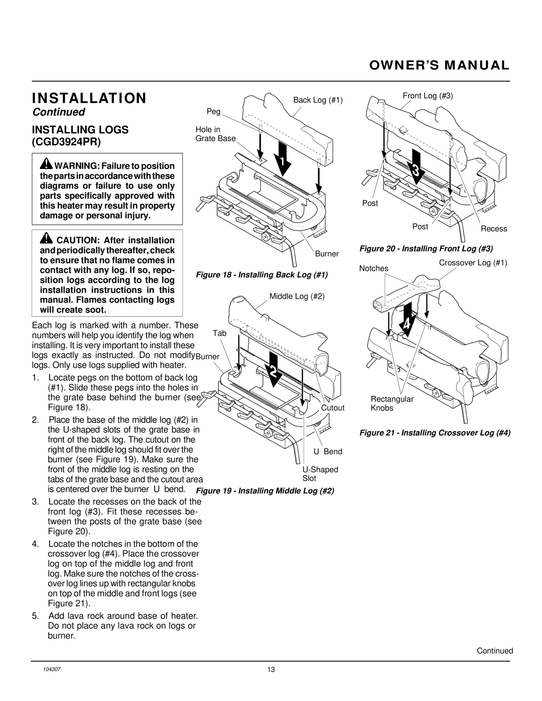 Desa CGB3924PR, CGB3930PR installation manual Installing Logs CGD3924PR, Installing Back Log #1 