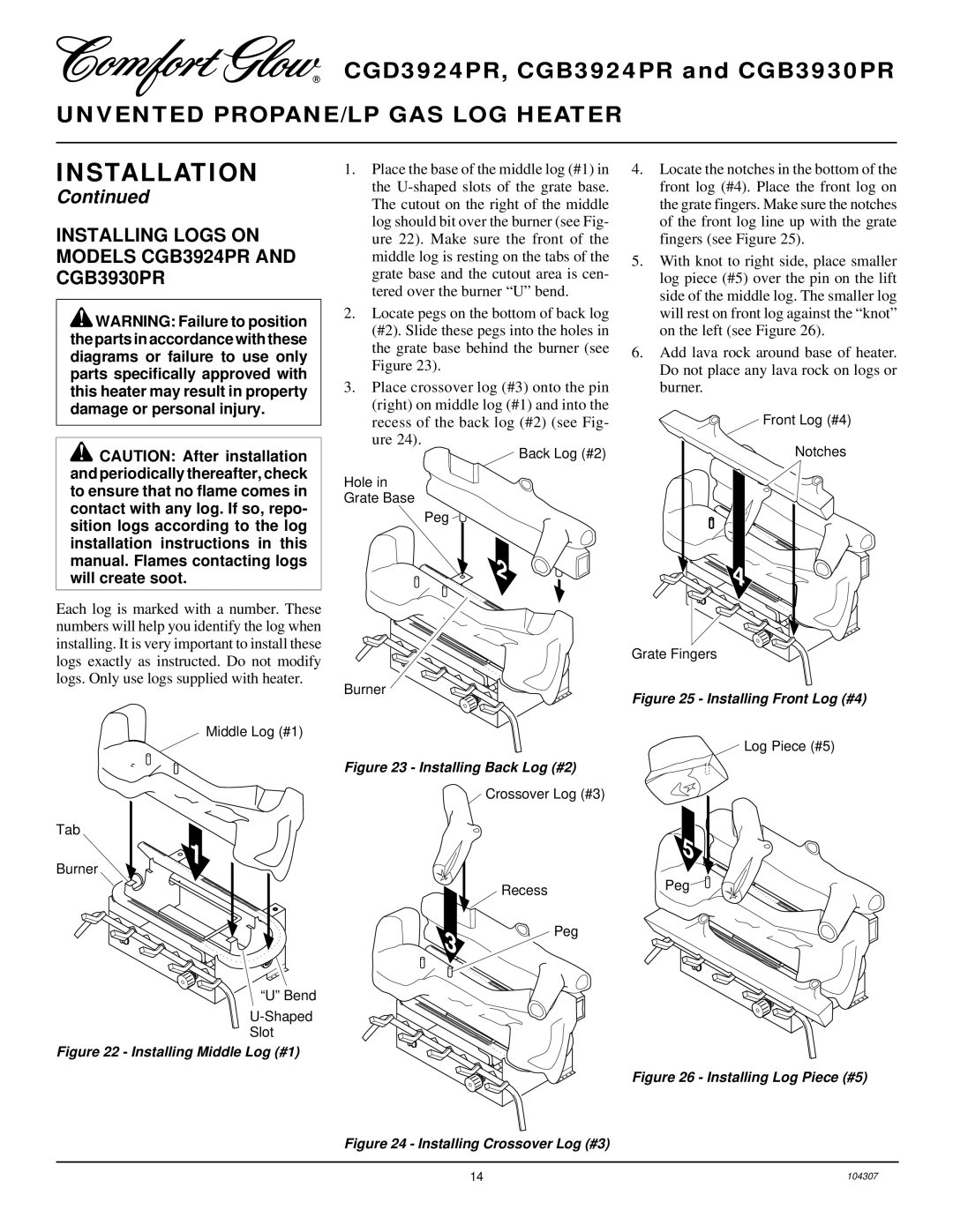 Desa CGD3924PR installation manual Installing Logs on Models CGB3924PR and CGB3930PR, Installing Middle Log #1 