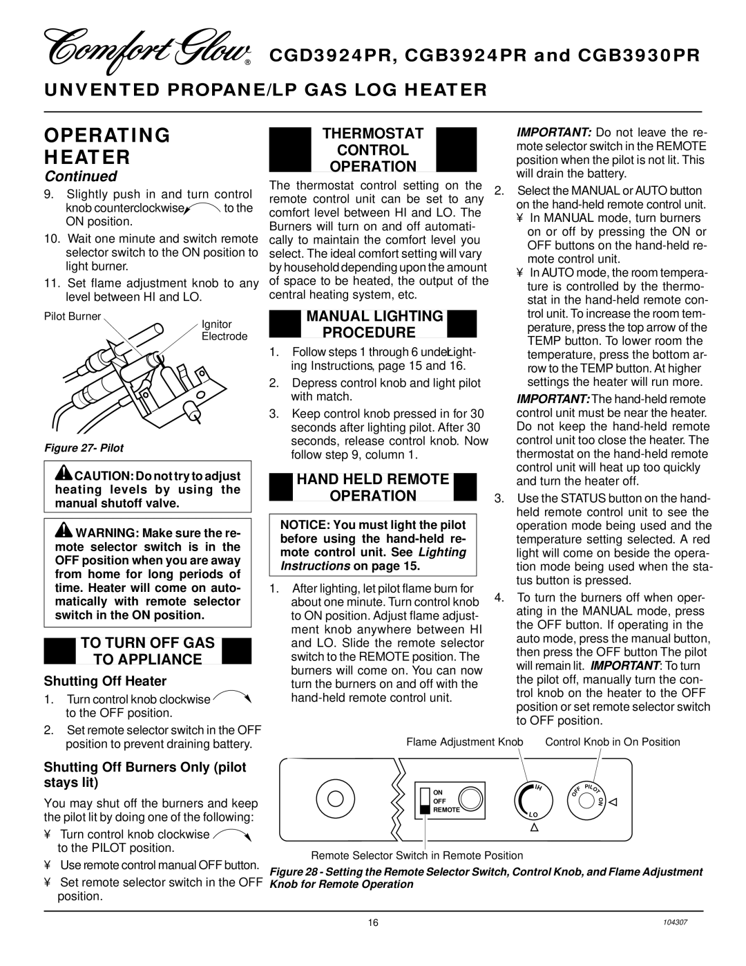 Desa CGB3924PR, CGD3924PR, CGB3930PR To Turn OFF GAS To Appliance, Thermostat Control Operation, Manual Lighting Procedure 