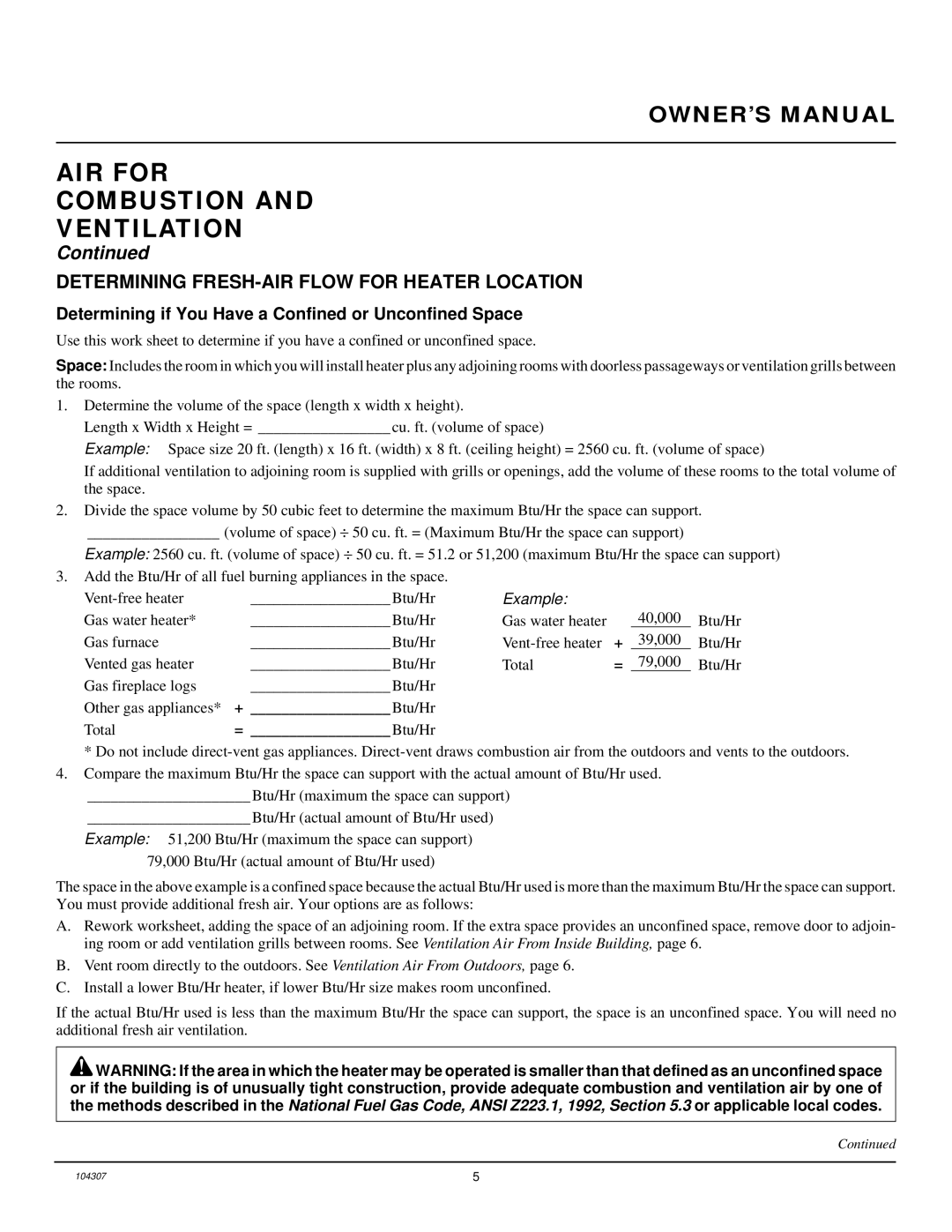 Desa CGB3930PR, CGD3924PR, CGB3924PR AIR for Combustion Ventilation, Determining FRESH-AIR Flow for Heater Location 