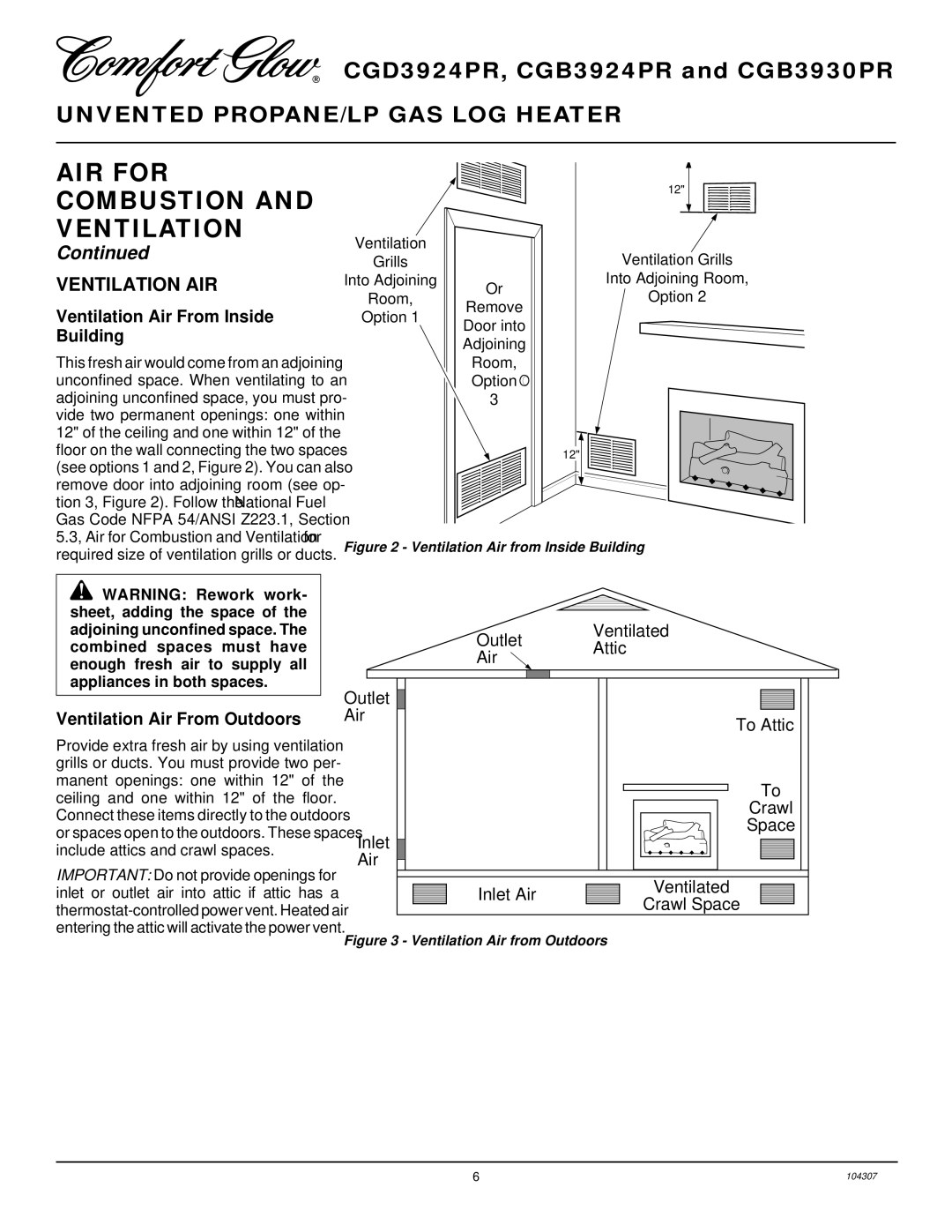 Desa CGD3924PR, CGB3924PR, CGB3930PR Ventilation AIR, Ventilation Air From Inside, Building, Ventilation Air From Outdoors 