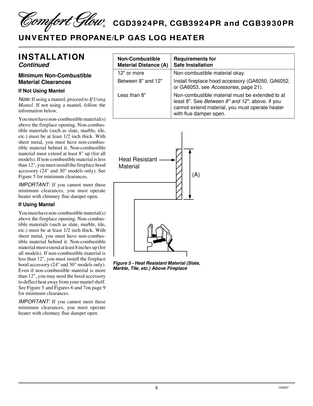 Desa CGB3930PR, CGD3924PR, CGB3924PR installation manual Minimum Non-Combustible Material Clearances, If Not Using Mantel 