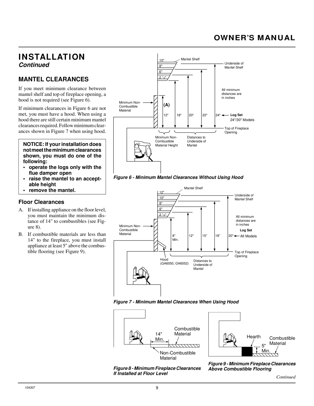 Desa CGD3924PR, CGB3924PR, CGB3930PR installation manual Mantel Clearances, Floor Clearances 