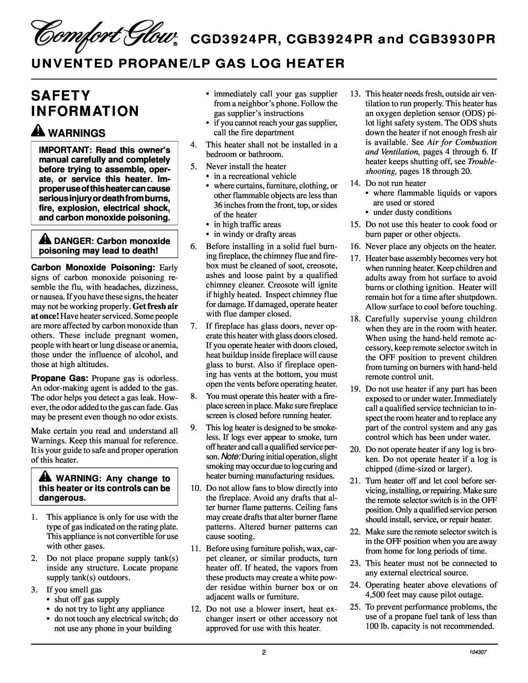 Desa Safety Information, CGD3924PR, CGB3924PR and CGB3930PR UNVENTED PROPANE/LP GAS LOG HEATER, Warnings 