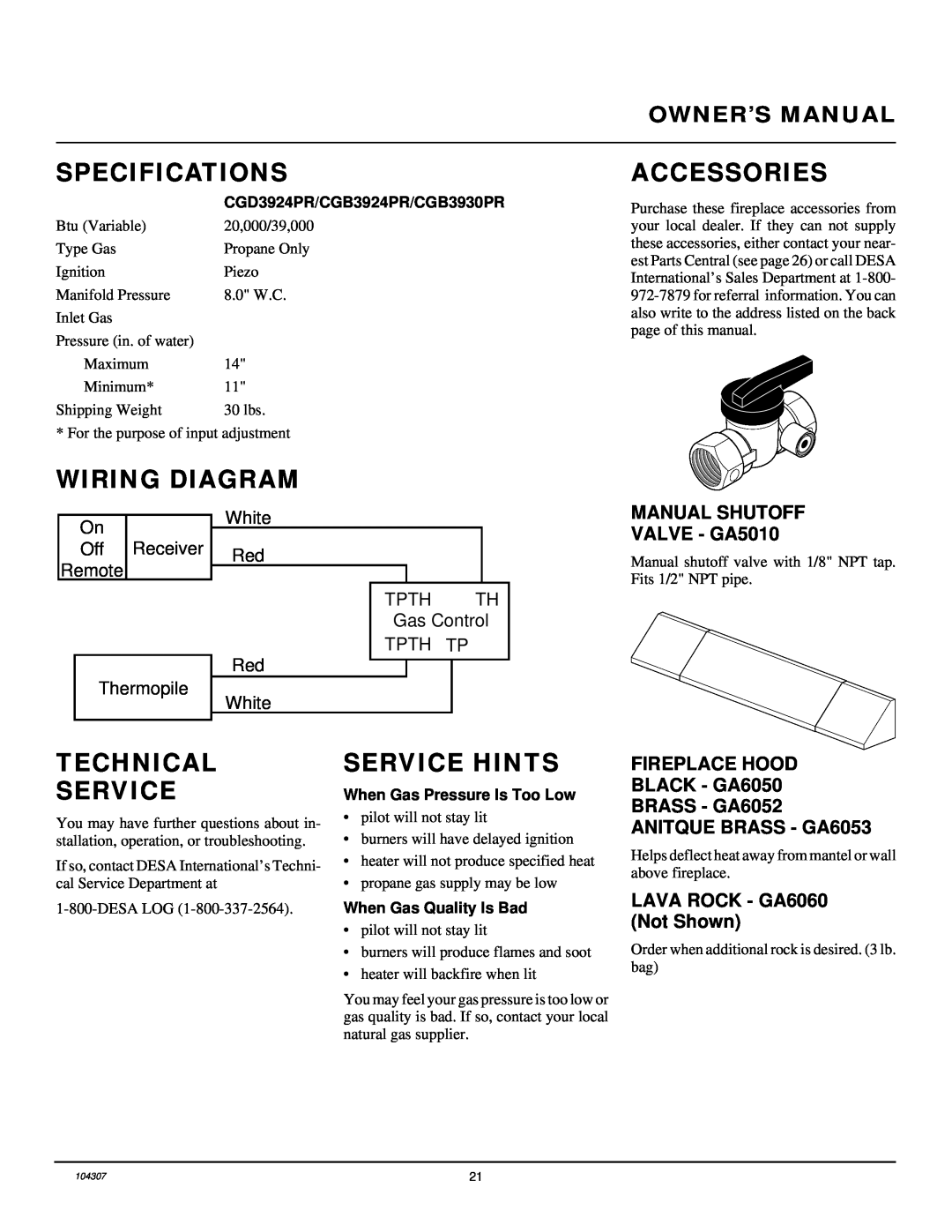 Desa CGD3924PR Specifications, Wiring Diagram, Accessories, Technical Service, Service Hints, LAVA ROCK - GA6060 Not Shown 