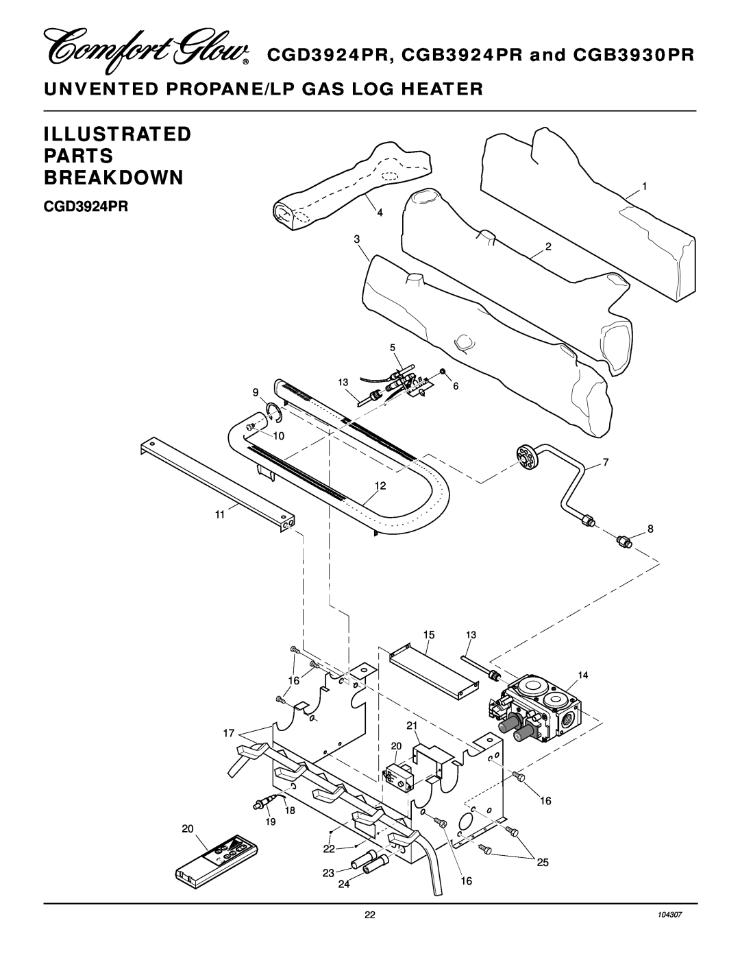 Desa CGB3924PR, CGB3930PR installation manual Illustrated Parts Breakdown, CGD3924PR, 104307, Remote Off On, I H Lo 