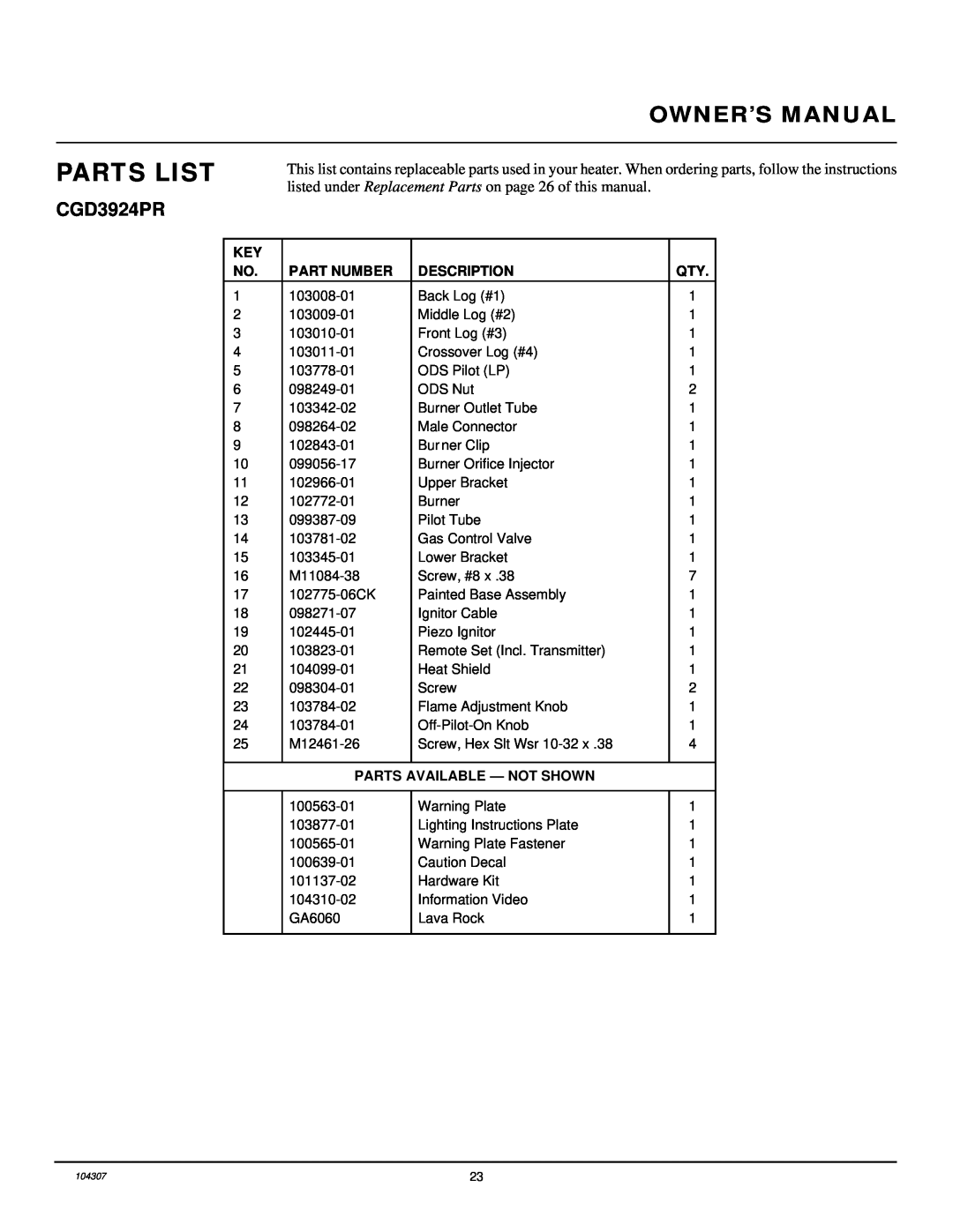 Desa CGB3930PR, CGB3924PR Parts List, Owner’S Manual, CGD3924PR, Part Number, Description, Parts Available - Not Shown 