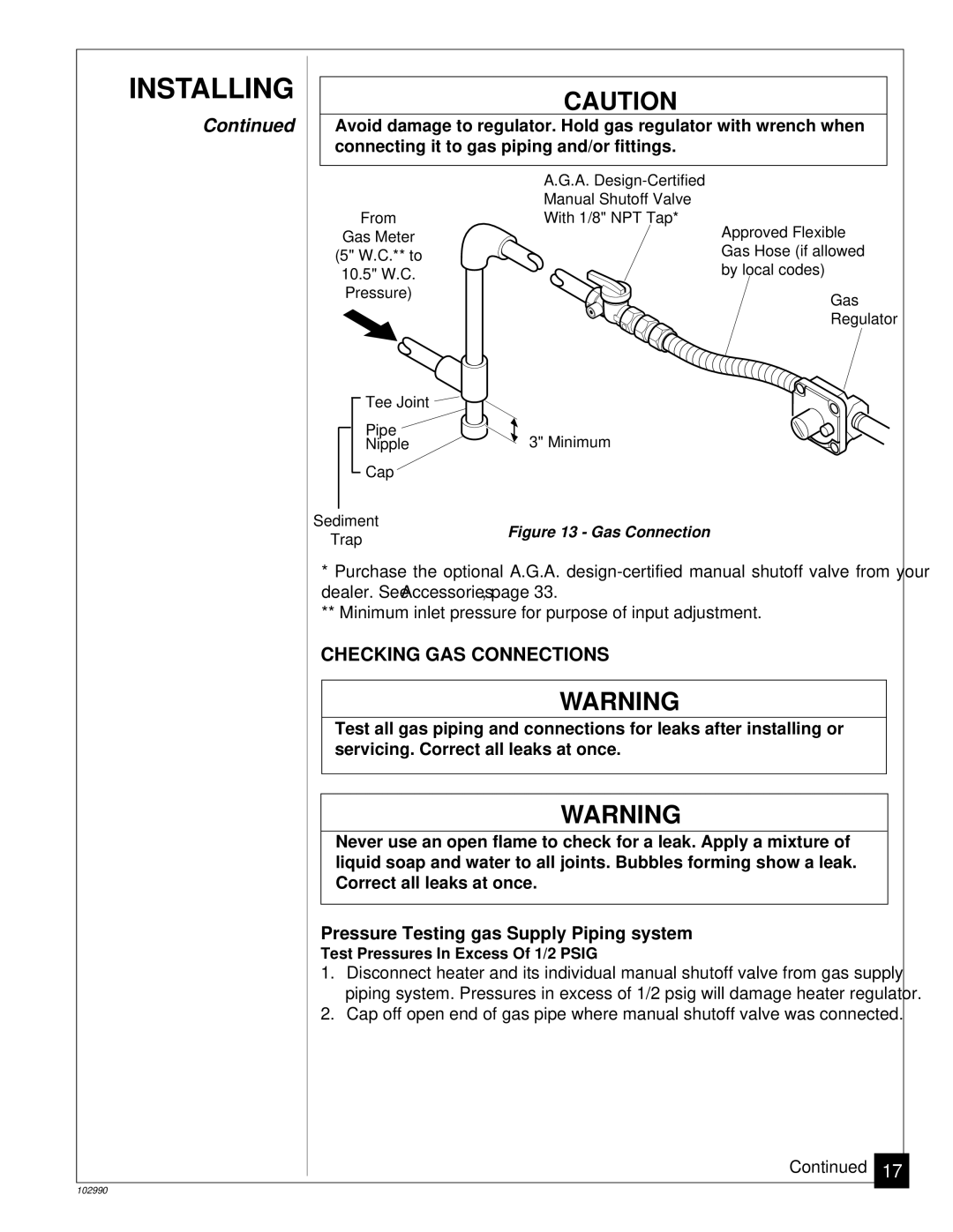 Desa CGD3018N, CGD3930N installation manual Checking GAS Connections, Gas Connection 