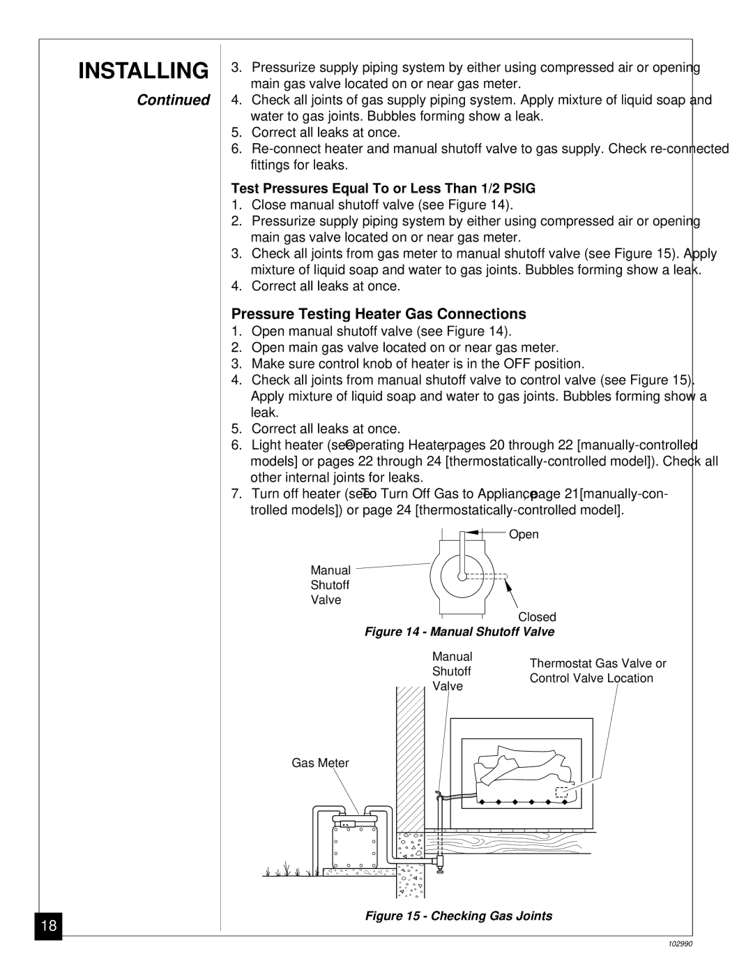 Desa CGD3930N, CGD3018N Pressure Testing Heater Gas Connections, Test Pressures Equal To or Less Than 1/2 Psig 