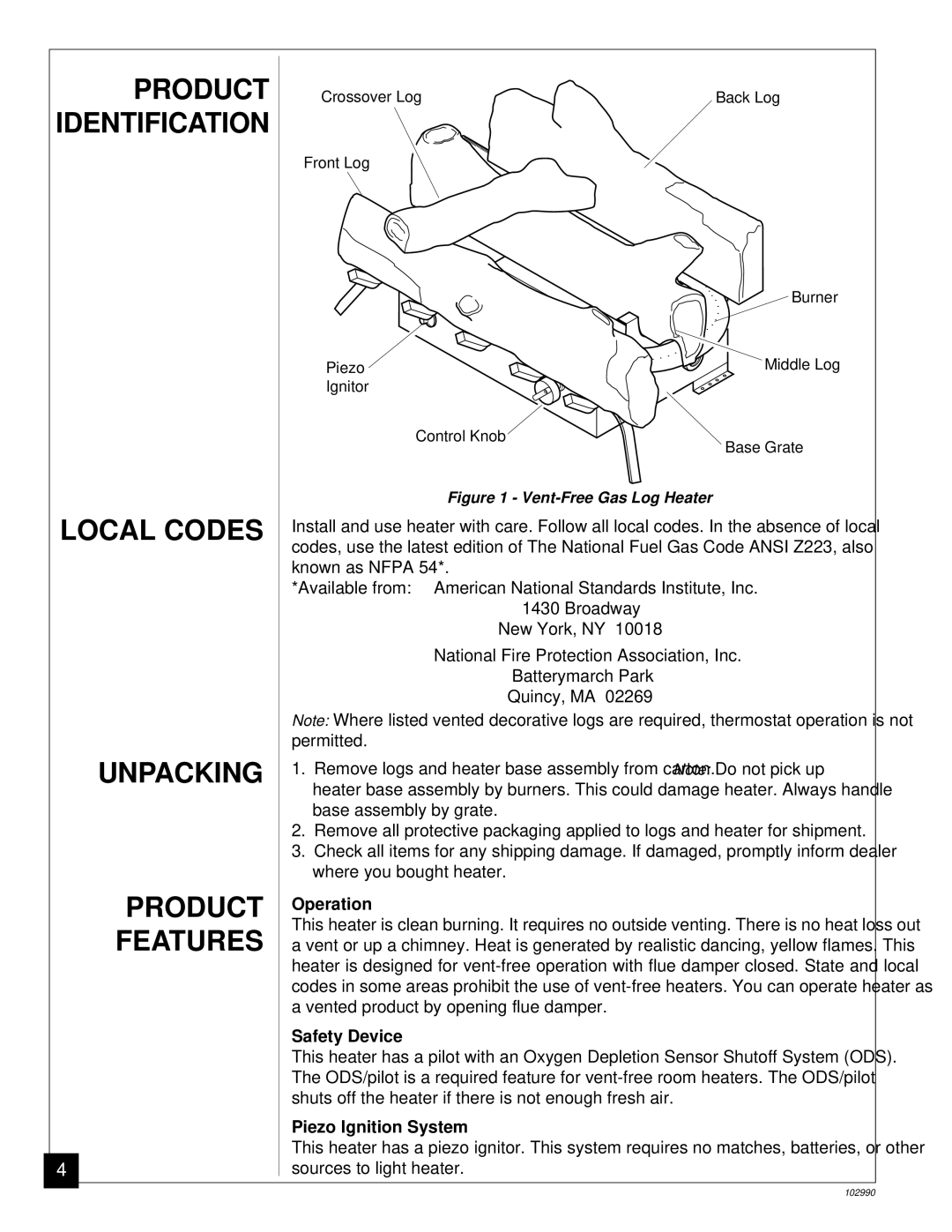 Desa CGD3930N, CGD3018N Local Codes Unpacking Product Features, Operation, Safety Device, Piezo Ignition System 