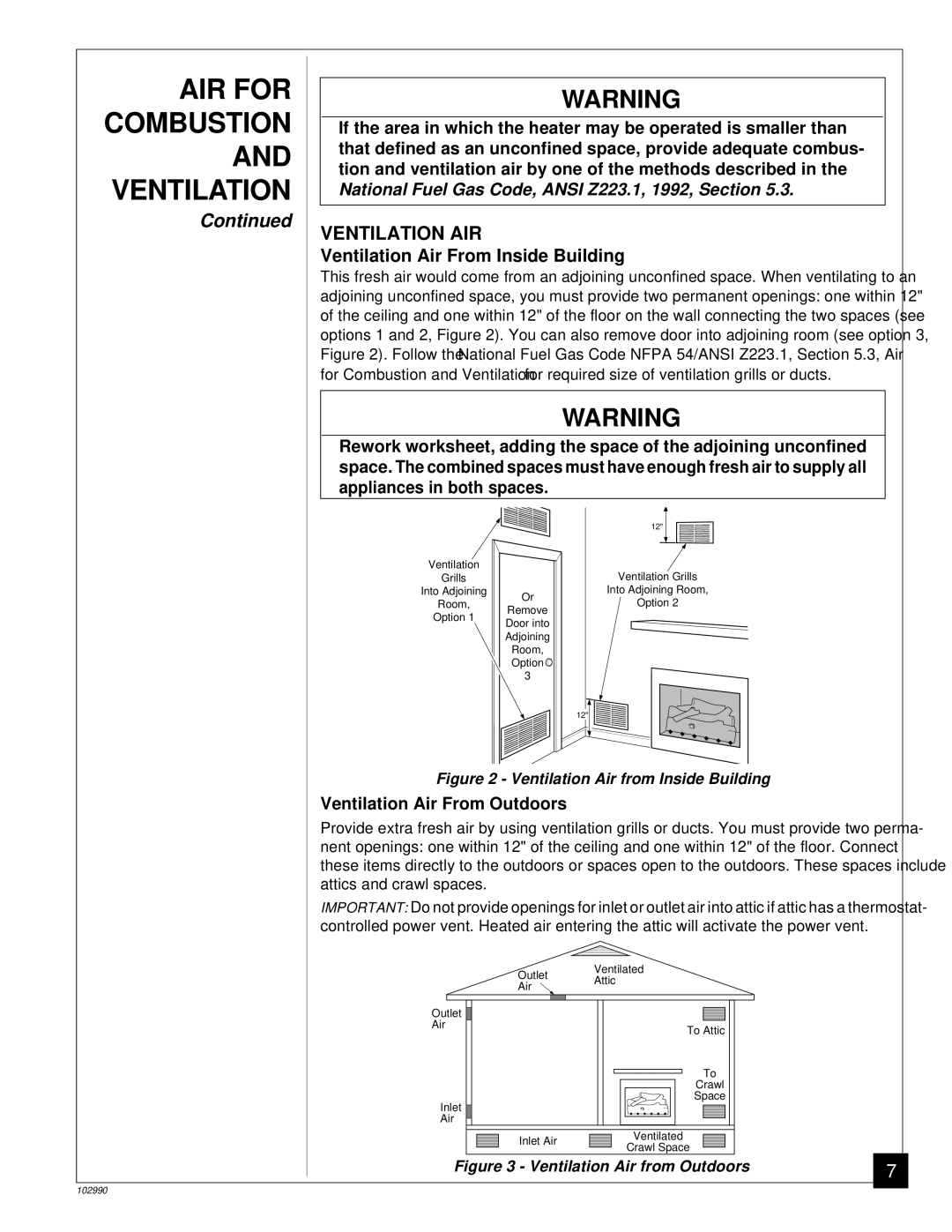 Desa CGD3018N, CGD3930N Ventilation AIR, Ventilation Air From Inside Building, Ventilation Air From Outdoors 