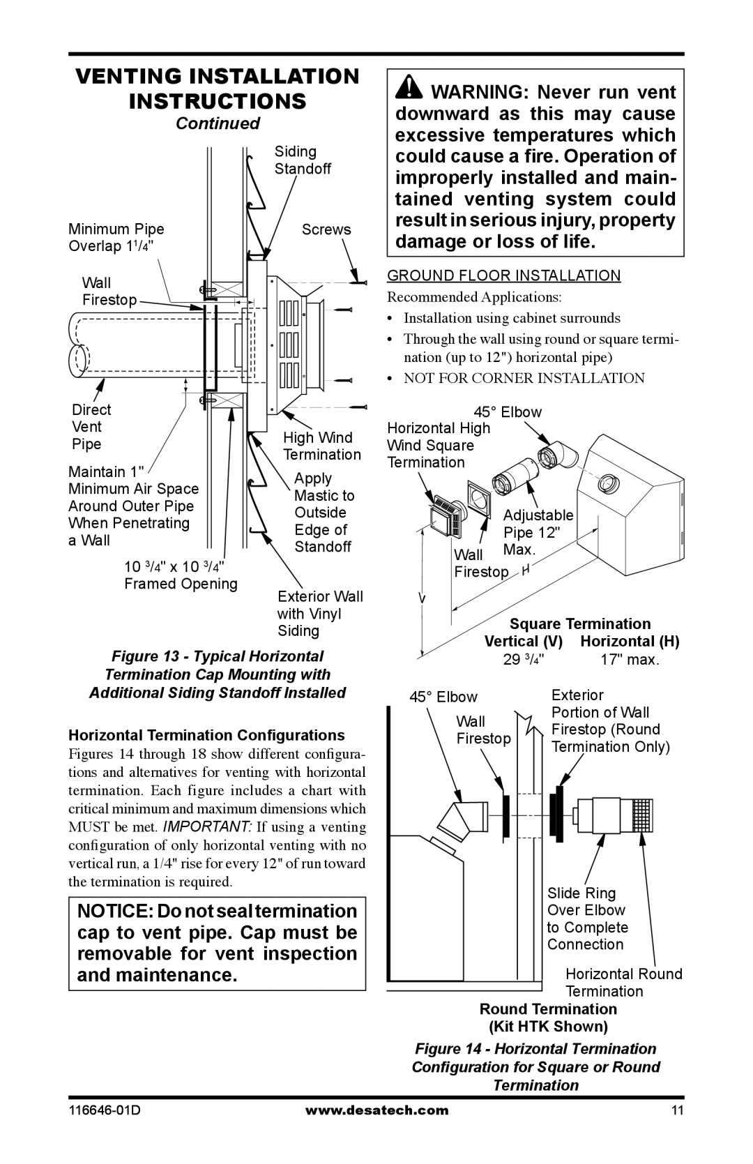 Desa T32p-a SERIES Venting Installation, Square Termination, Vertical V Horizontal H, Round Termination Kit HTK Shown 