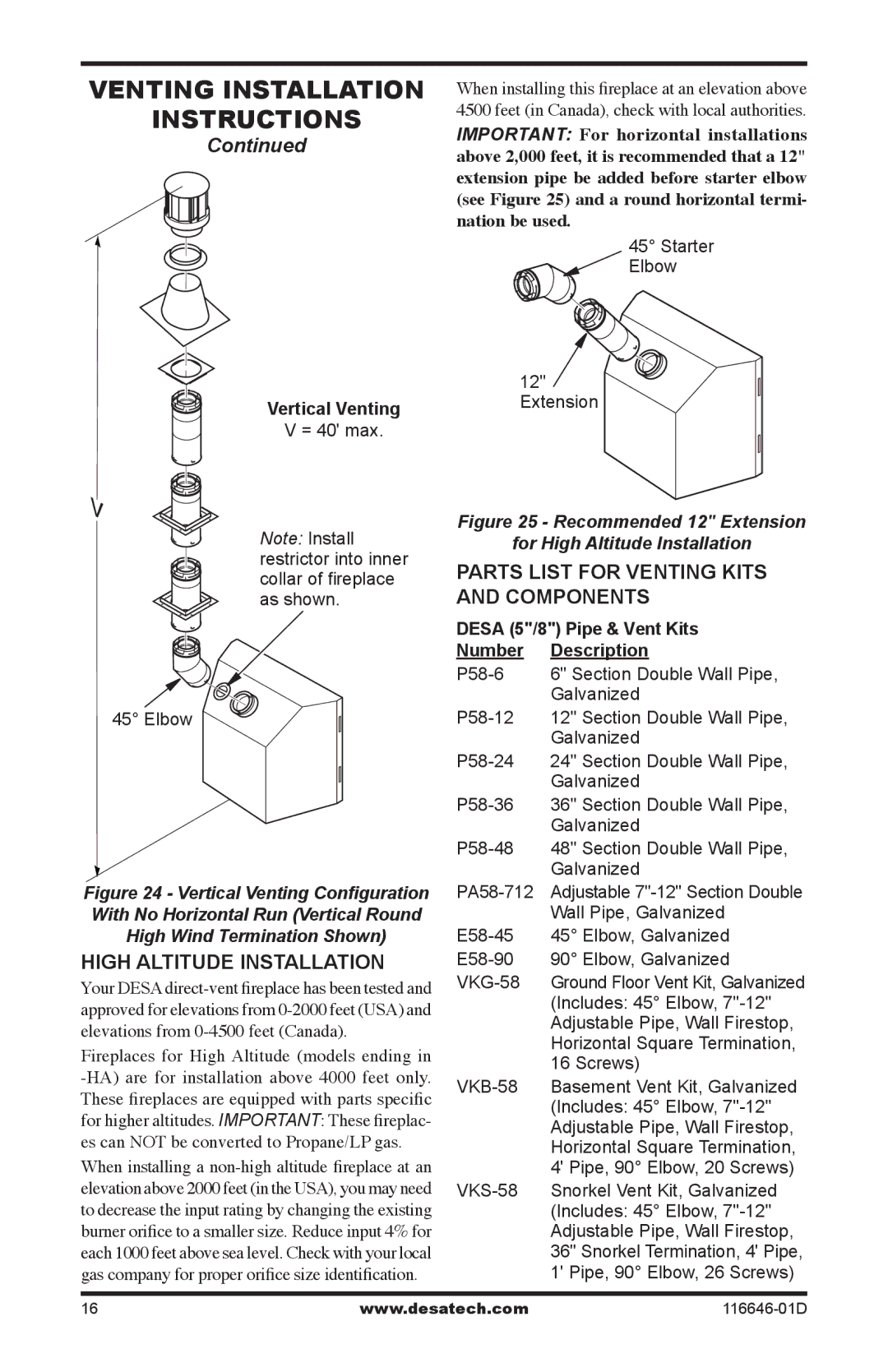 Desa T32N-a SERIES, CGDV32pR High Altitude Installation, Parts list for venting kits and components, Vertical Venting 