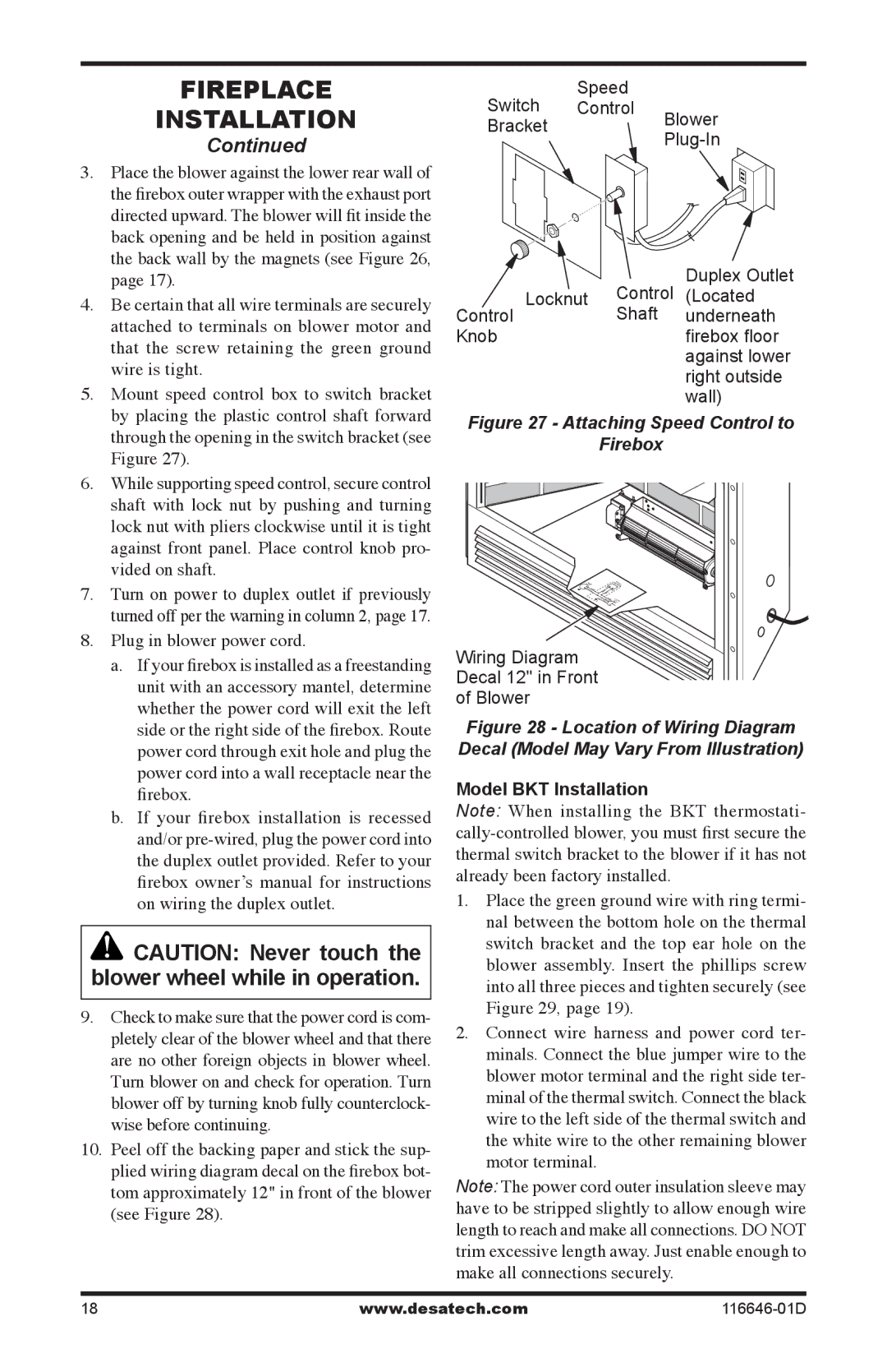 Desa CGDV32pR, T32N-a SERIES, T32p-a SERIES installation manual Plug in blower power cord, Model BKT Installation 