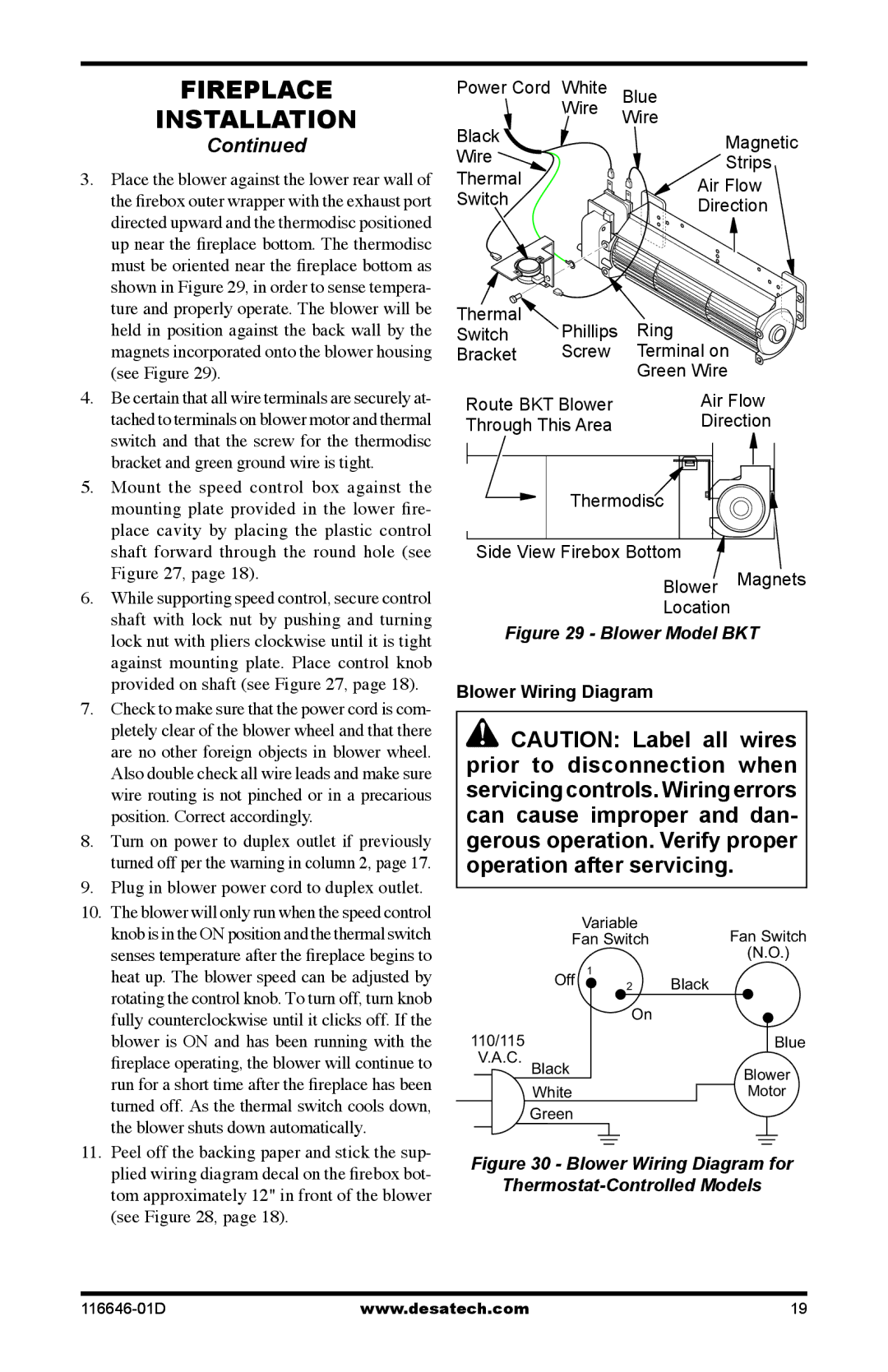 Desa T32N-a SERIES, CGDV32pR, T32p-a SERIES Plug in blower power cord to duplex outlet, Blower Wiring Diagram 