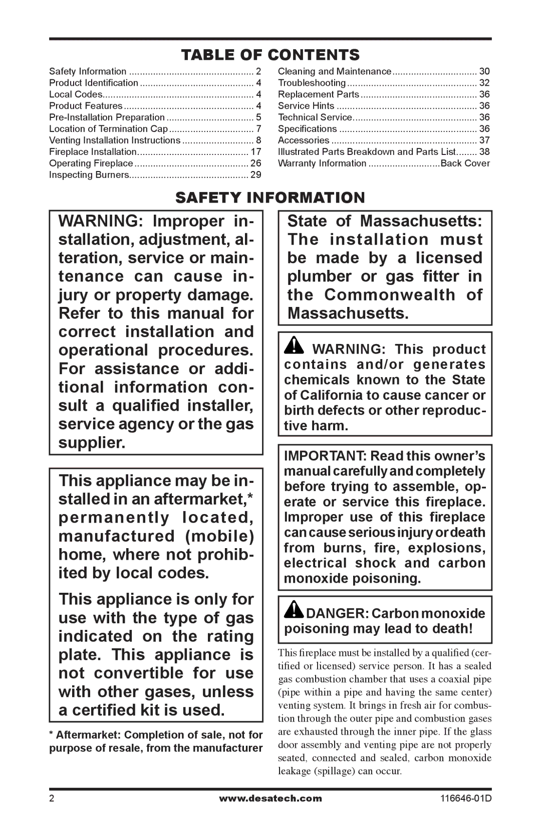 Desa T32p-a SERIES, CGDV32pR, T32N-a SERIES installation manual Table of Contents, Safety Information 