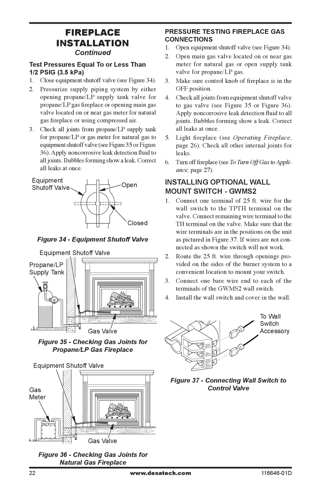 Desa T32N-a SERIES Installing optional wall Mount Switch gwmS2, Test Pressures Equal To or Less Than Psig 3.5 kPa 