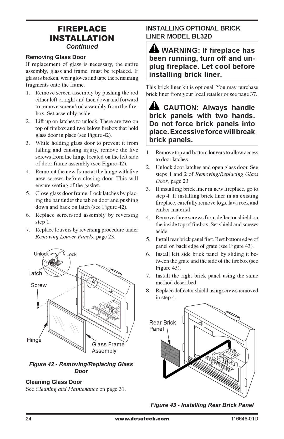 Desa CGDV32pR, T32N-a SERIES Installing Optional Brick liner Model BL32D, Removing Glass Door, Cleaning Glass Door 