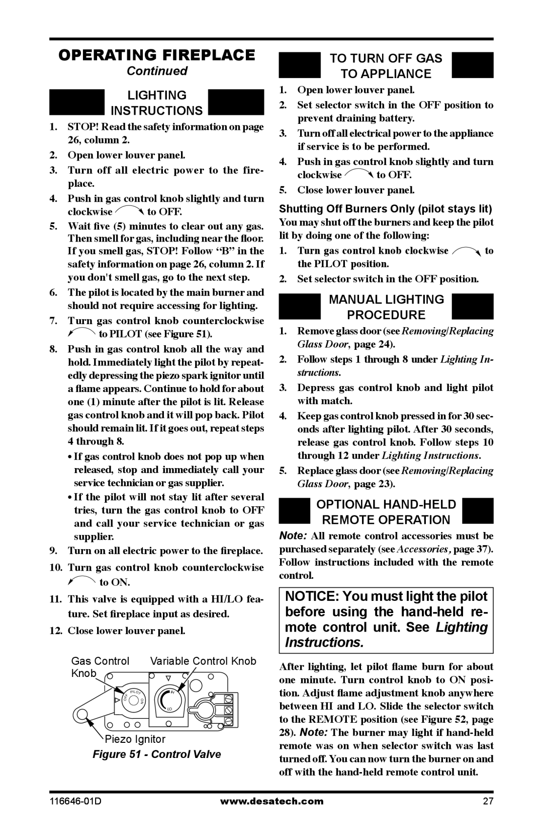 Desa CGDV32pR Lighting Instructions, To Turn OFF GAS To Appliance, Manual Lighting Procedure, Optional Hand-Held 