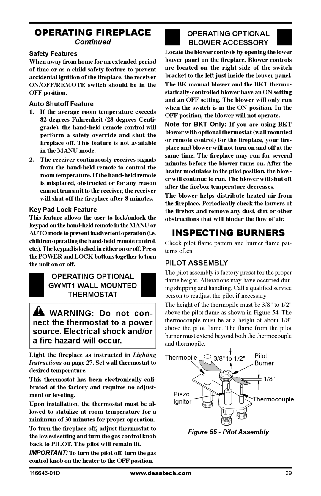 Desa T32p-a SERIES, CGDV32pR Inspecting Burners, Operating optional GWMT1 Wall Mounted Thermostat, Pilot Assembly 