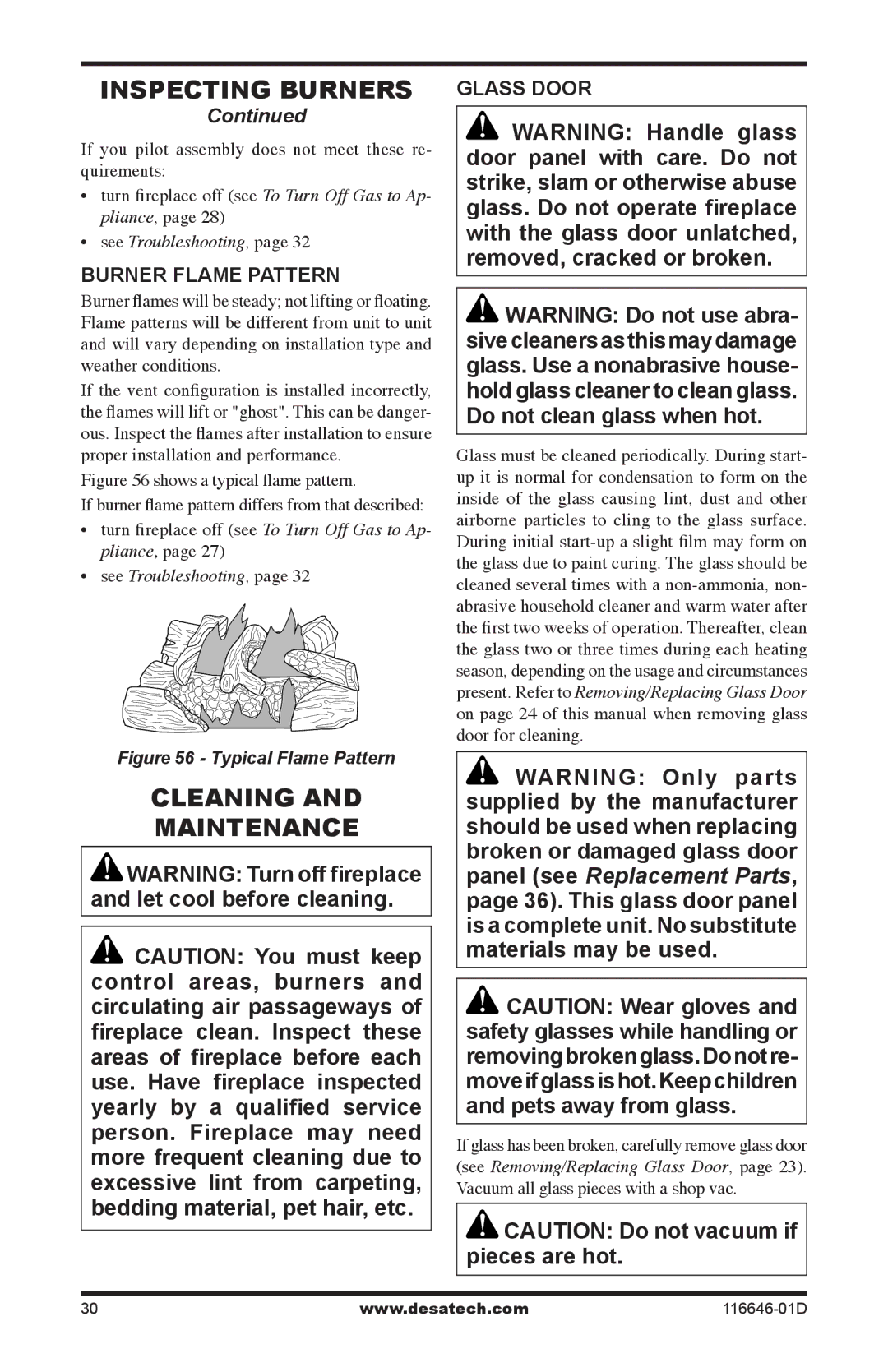 Desa CGDV32pR, T32N-a SERIES, T32p-a SERIES installation manual Cleaning Maintenance, Burner Flame Pattern, Glass Door 