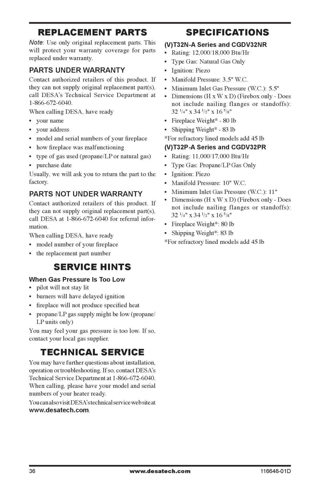 Desa CGDV32pR, T32N-a SERIES, T32p-a SERIES Replacement Parts, Service Hints, Technical Service, Specifications 