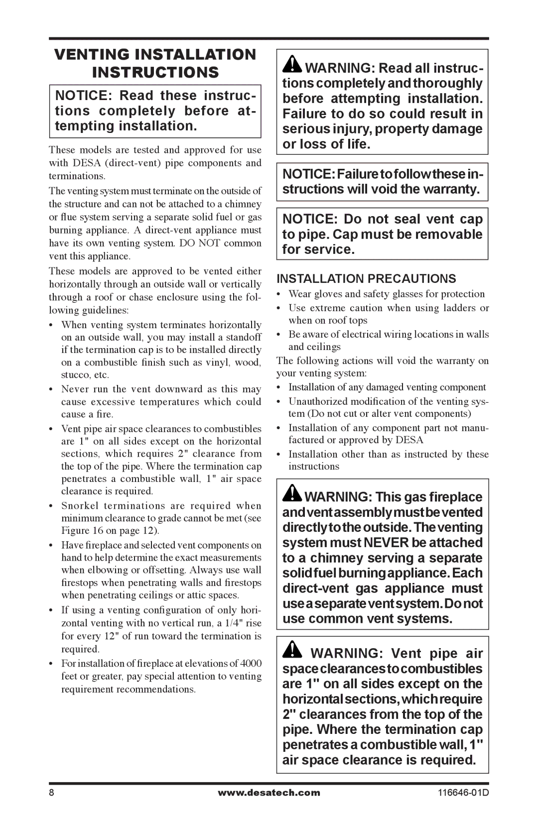 Desa T32p-a SERIES, CGDV32pR, T32N-a SERIES installation manual Venting Installation Instructions, Installation Precautions 