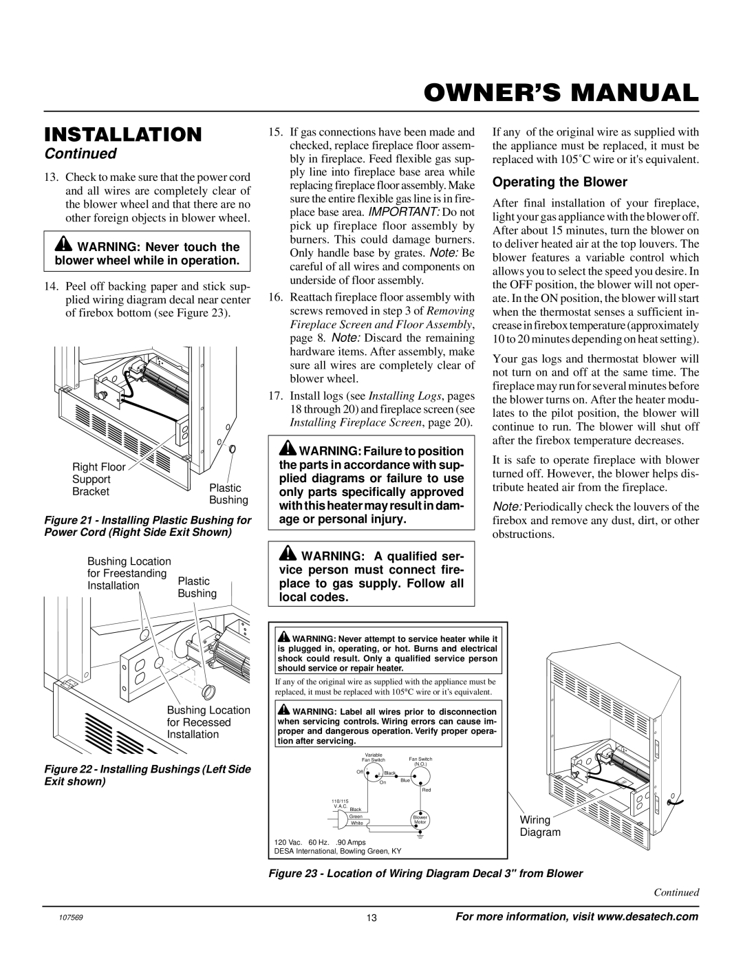 Desa CGEFP33NR installation manual Installing Bushings Left Side Exit shown 