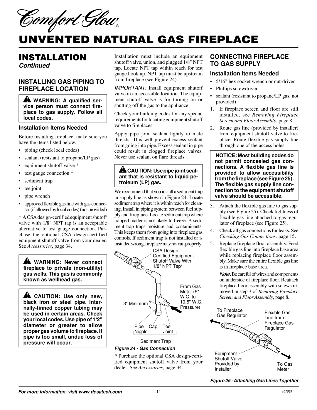 Desa CGEFP33NR Installing GAS Piping to Fireplace Location, Connecting Fireplace to GAS Supply, Installation Items Needed 