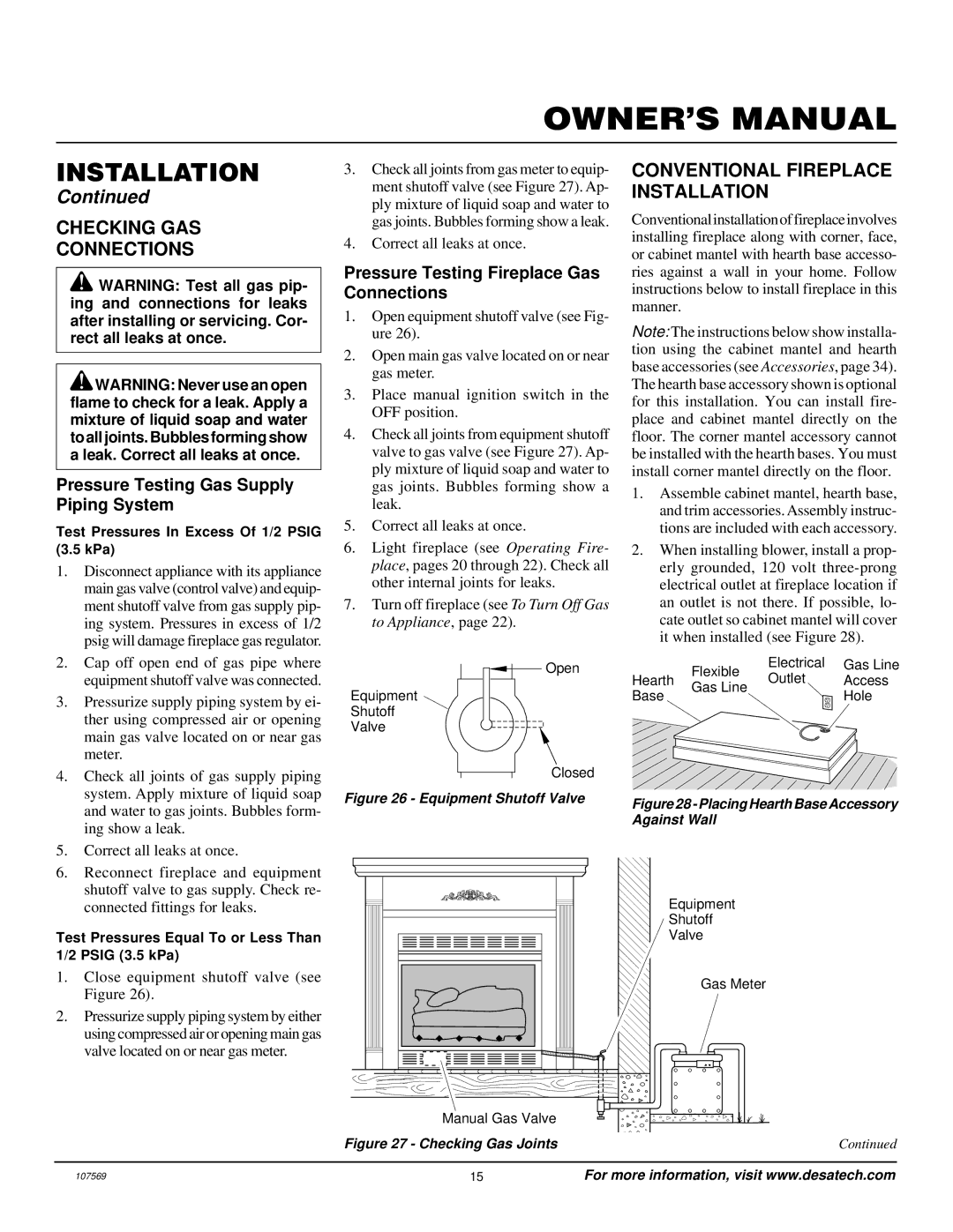 Desa CGEFP33NR Checking GAS Connections, Conventional Fireplace Installation, Pressure Testing Gas Supply Piping System 