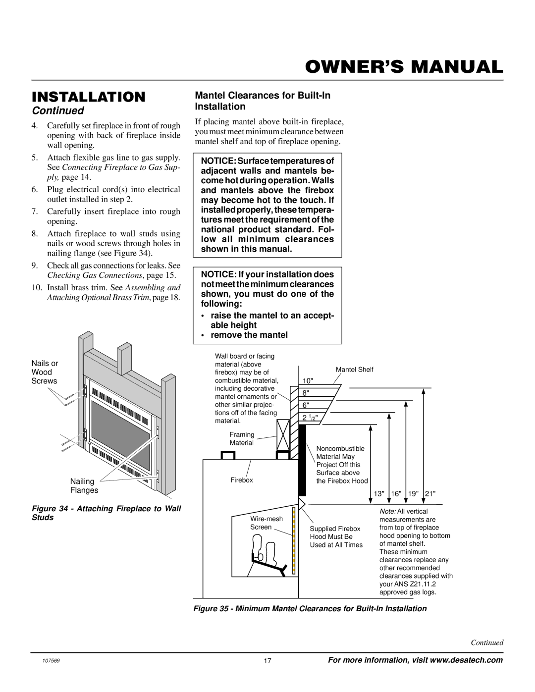 Desa CGEFP33NR installation manual Mantel Clearances for Built-In Installation, Nails or Wood Screws 