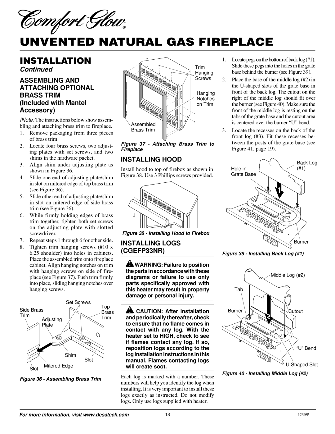 Desa installation manual Installing Hood, Installing Logs CGEFP33NR 