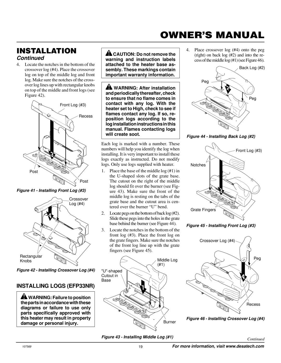 Desa CGEFP33NR installation manual Installing Logs EFP33NR, Middle Log #1 Shaped Cutout in Base Burner 