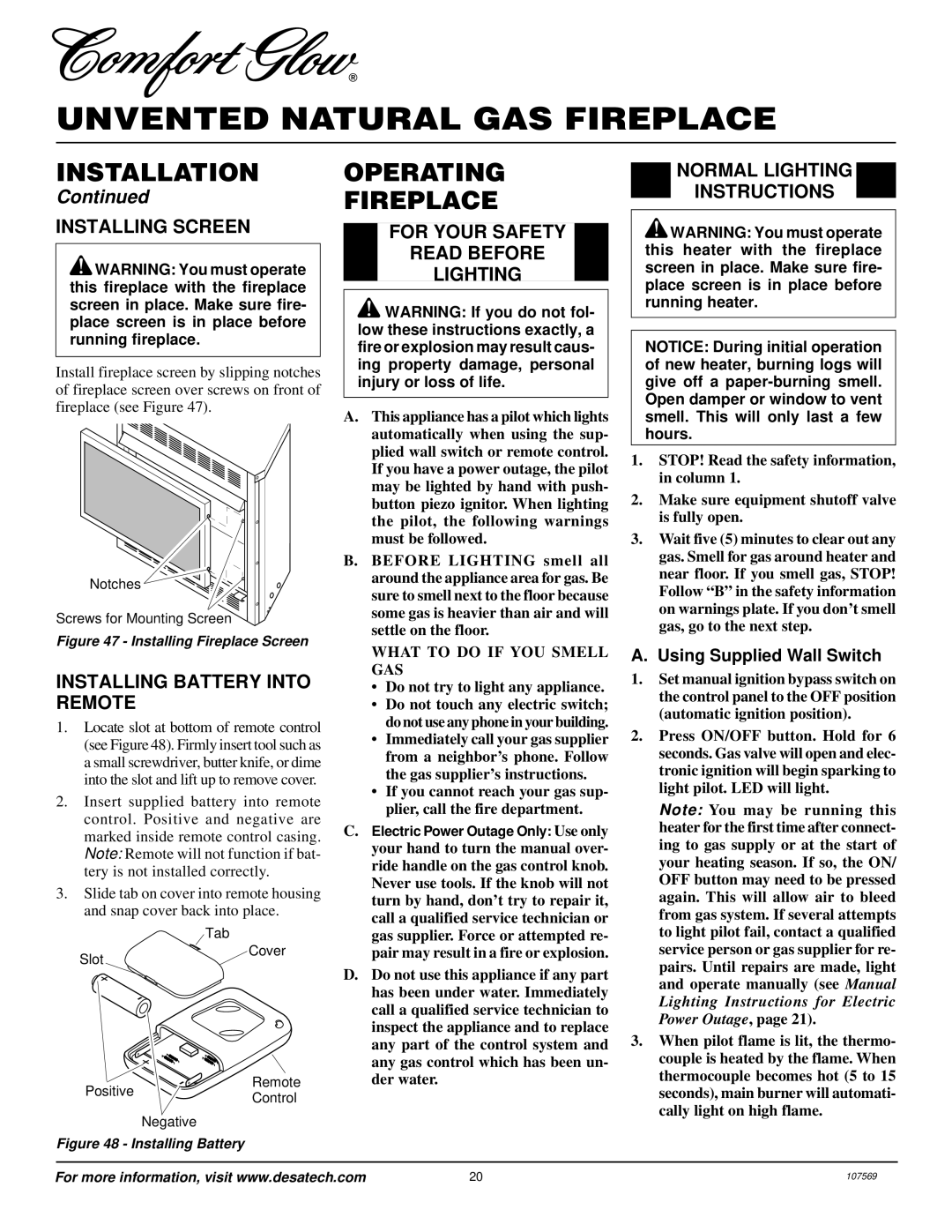 Desa CGEFP33NR Operating Fireplace, Installing Screen, Installing Battery Into Remote, Normal Lighting Instructions 