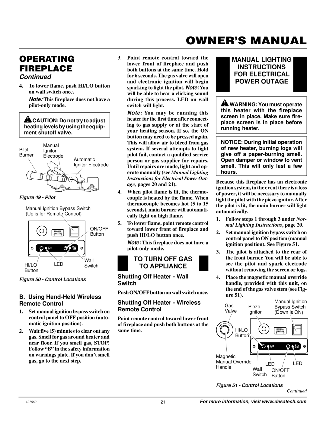 Desa CGEFP33NR installation manual Manual Lighting Instructions For Electrical Power Outage, To Turn OFF GAS To Appliance 