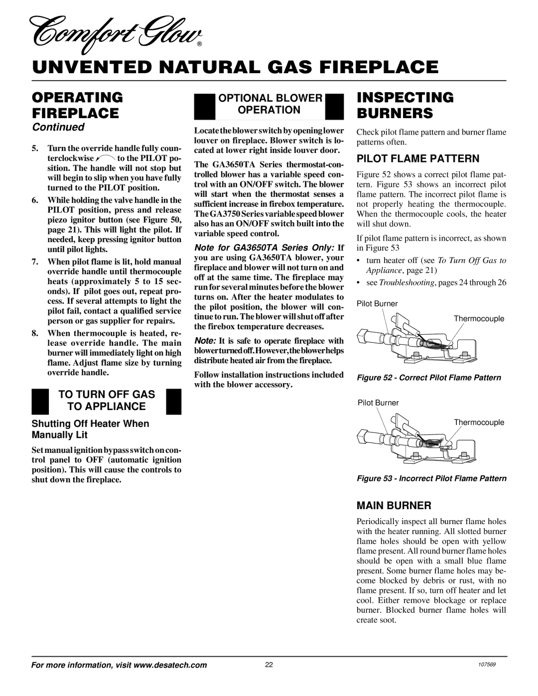 Desa CGEFP33NR installation manual Inspecting Burners, Optional Blower Operation, Pilot Flame Pattern, Main Burner 