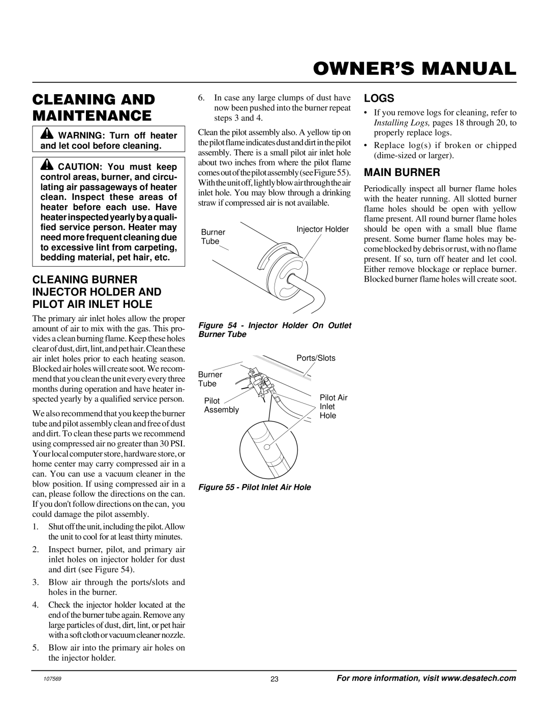 Desa CGEFP33NR installation manual Cleaning and Maintenance, Cleaning Burner Injector Holder and Pilot AIR Inlet Hole, Logs 