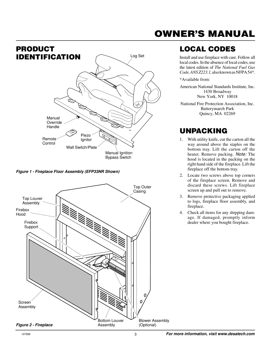 Desa CGEFP33NR installation manual Product Identification, Local Codes, Unpacking 