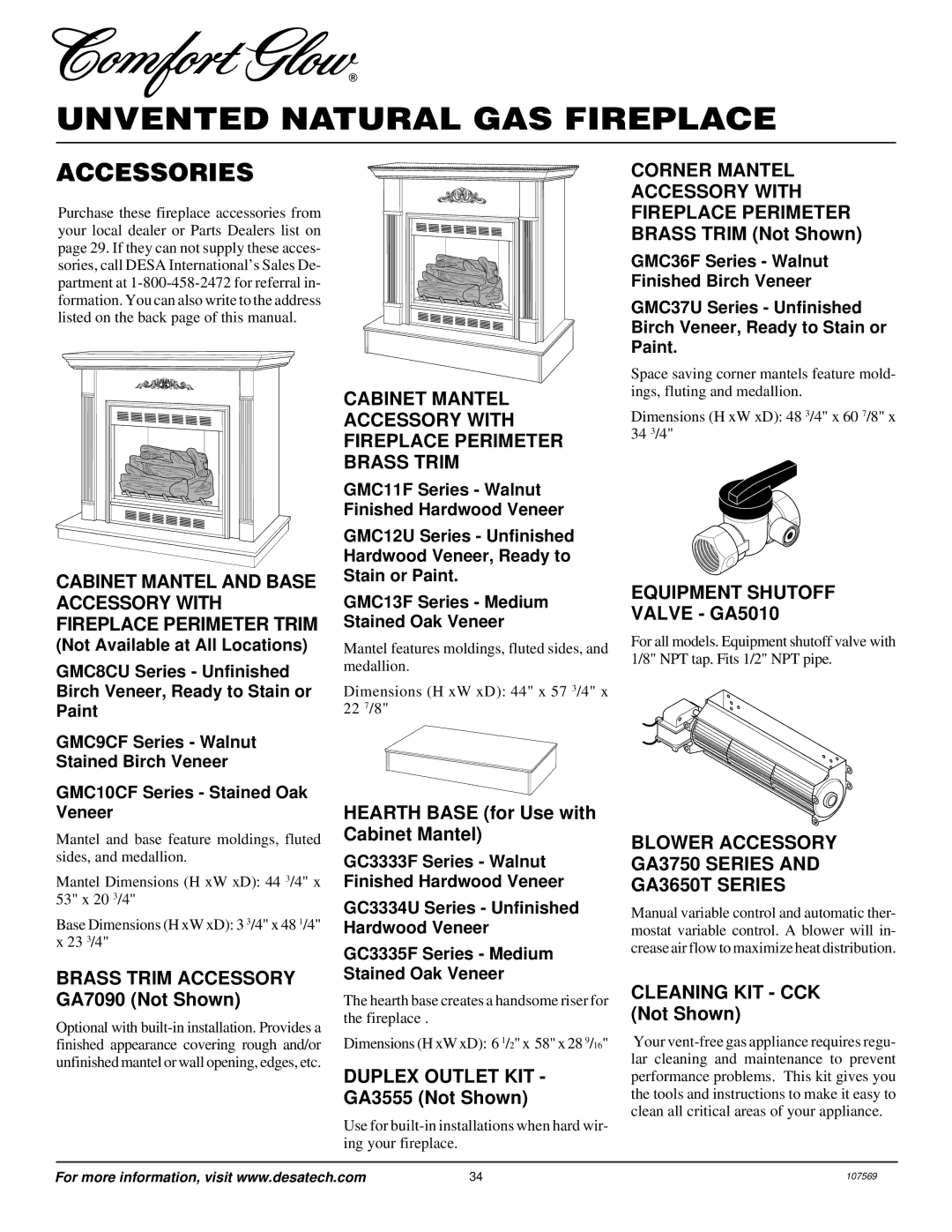 Desa CGEFP33NR installation manual Accessories, Corner Mantel, Equipment Shutoff Valve GA5010 